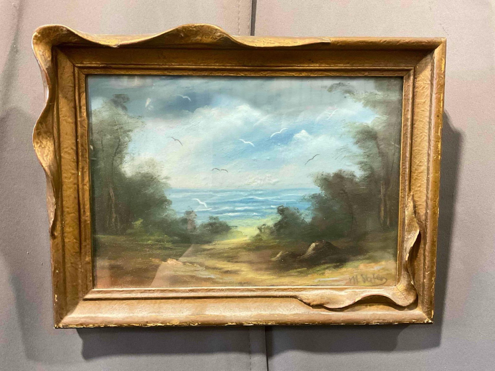 Sweet Vintage Framed Original Oil Pastel of Shoreline Through Trees, Signed by Artist M. Slater.: Sweet Vintage Framed Original Oil Pastel of Shoreline Through Trees, Signed by Artist M. Slater. Frame looks to be gilt wood or gold painted composite and wood, has a glass pane. Dusty, frame has