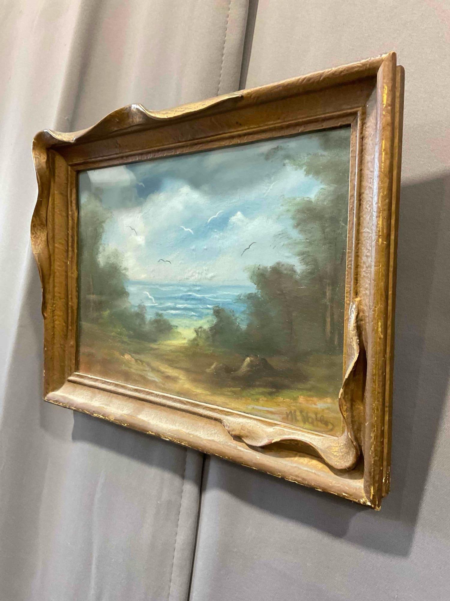 Sweet Vintage Framed Original Oil Pastel of Shoreline Through Trees, Signed by Artist M. Slater. - 2