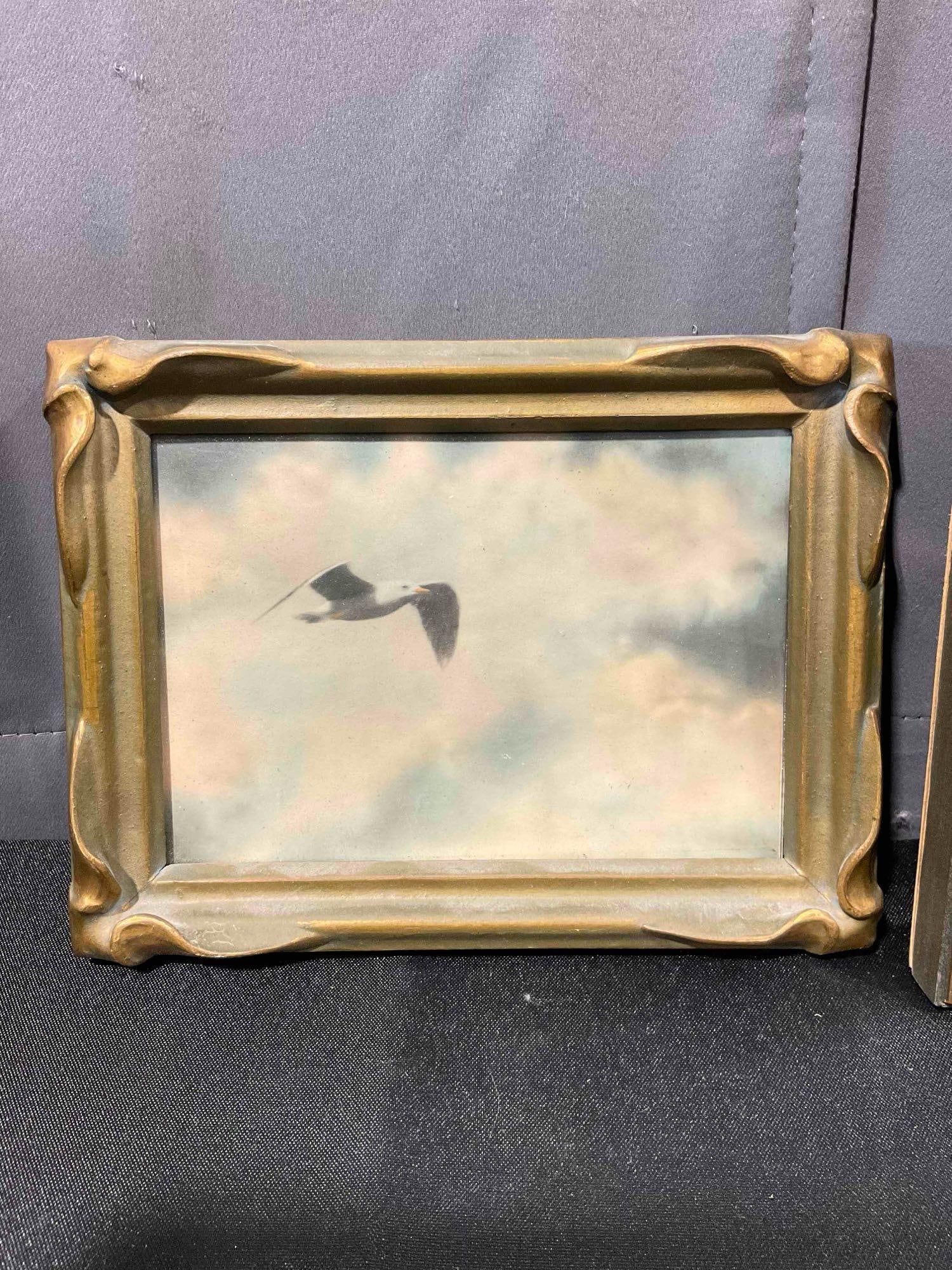 2 pcs Framed Art, Antique 1920s Colored Photo of Seagull & Victor Kowalski "Lone Wolf" Print. - 2