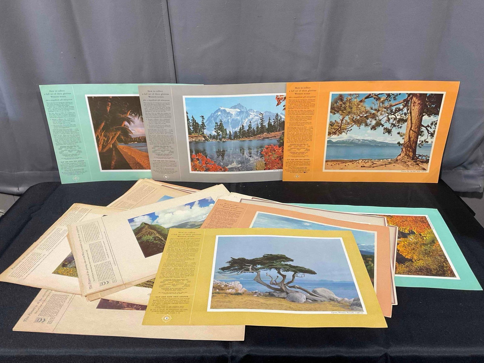 24 pcs Vintage Unframed Photograph Prints of Western U.S. Locales from Standard Oil Co.: 24 pcs Vintage Unframed Photograph Prints of Western U.S. Locales from Standard Oil Co. pieces have wear indicative of age and use, otherwise looks to be in fair condition. measures 19" x 14" x 1"