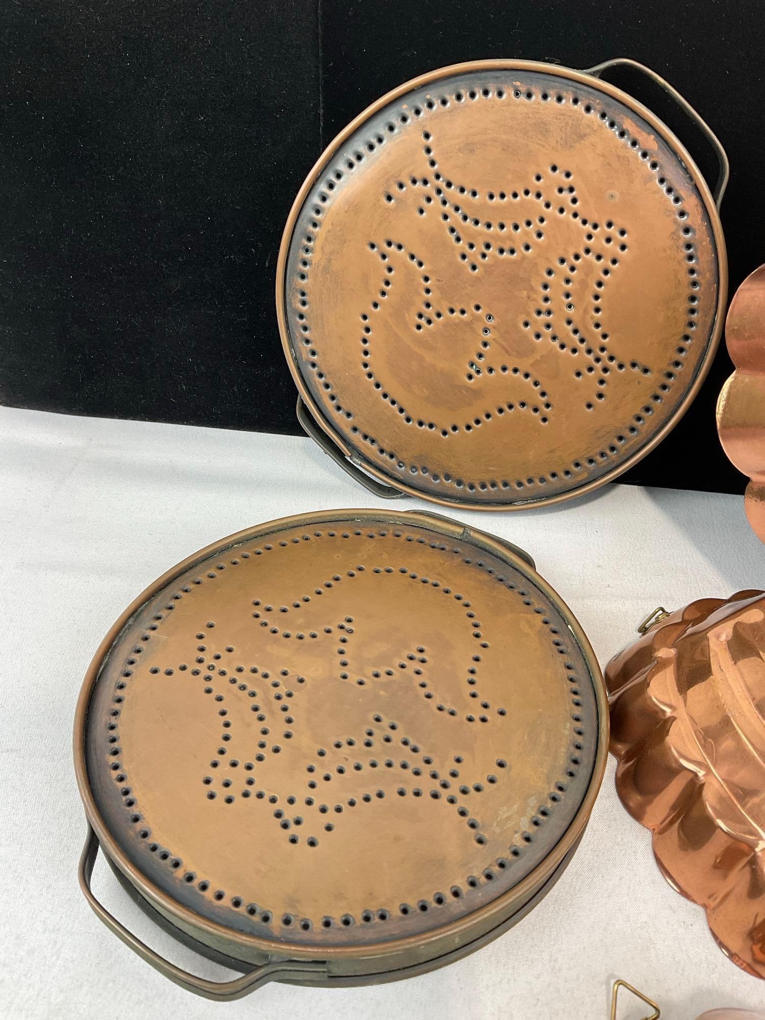 2 Pfaltzgraff Village Copper Punches Trivets & 7 Copper Clad Cake & Jelly Molds, - 2