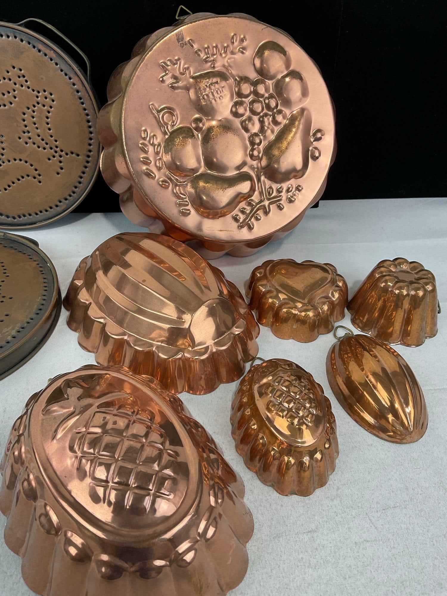 2 Pfaltzgraff Village Copper Punches Trivets & 7 Copper Clad Cake & Jelly Molds, - 3