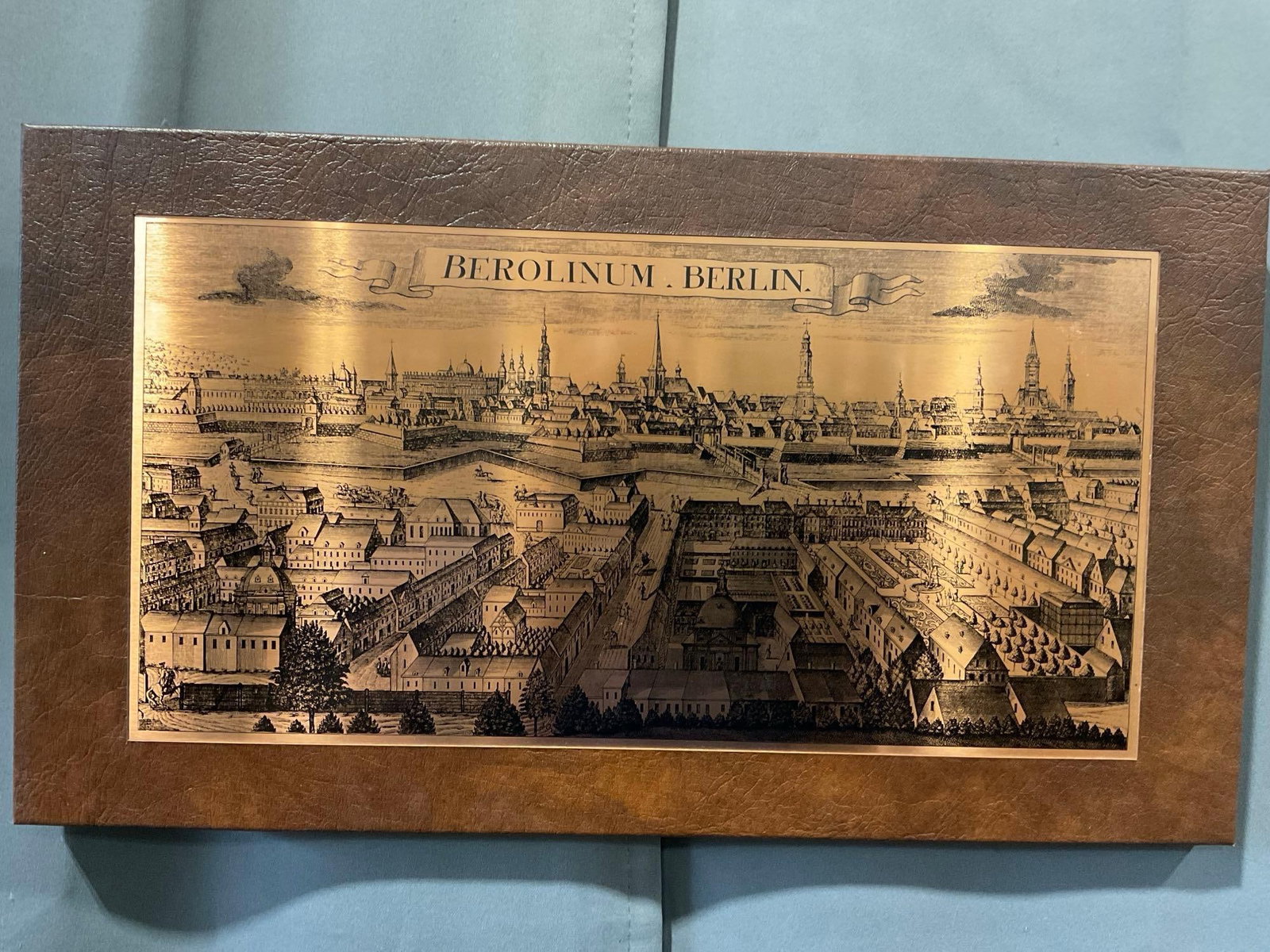 Copper Wall Plaque Etching, Berolinum, Berlin, Panoramic View, on Leathered Frame, 11x19 inches: Appears to be in good shape. The piece measures approx 11h x 19w x 3d inches. See pics. E-6080