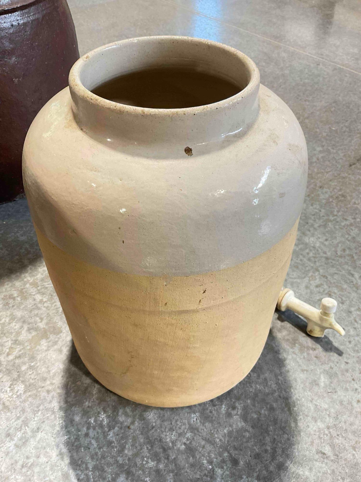 Vintage Cream Partially Glazed Stoneware Water Dispenser w/ Spout. Good Condition. See pics. - 3