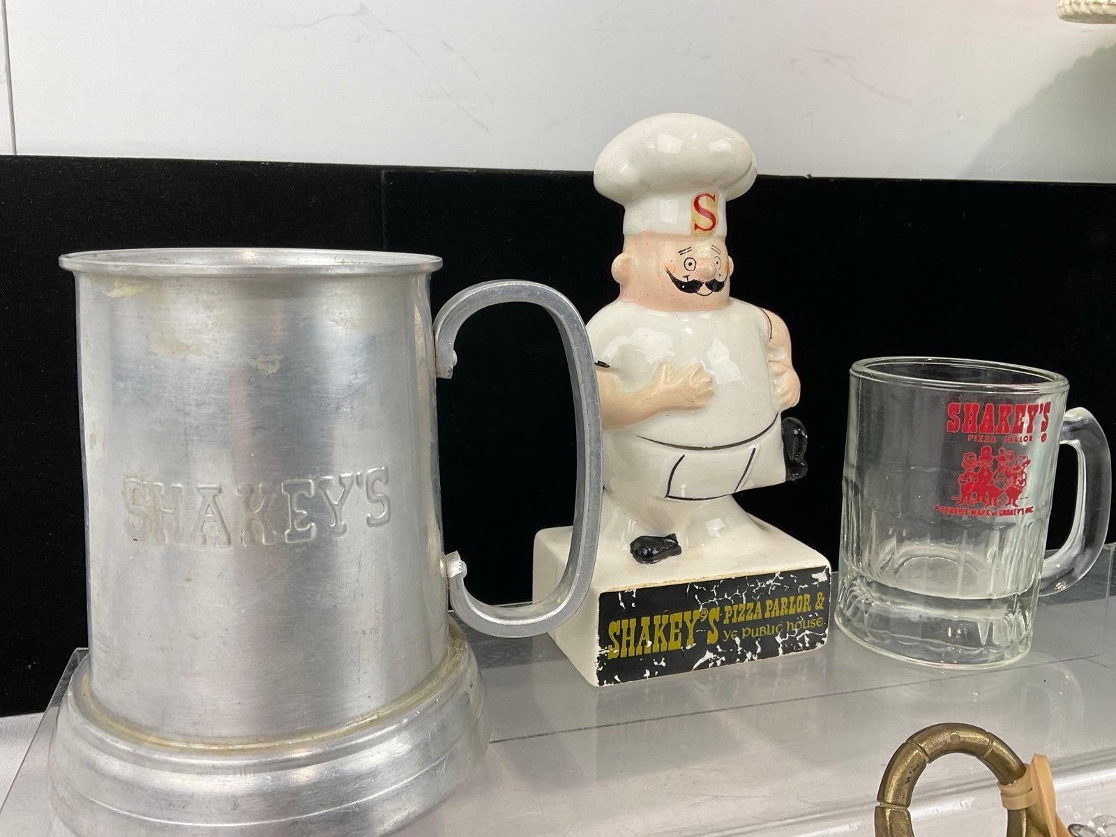 Vintage Shakeys Pizza Stein, Coin Bank, Tiny Mug, & Foam Hat, + Lori Corp Lock w/Key - 2