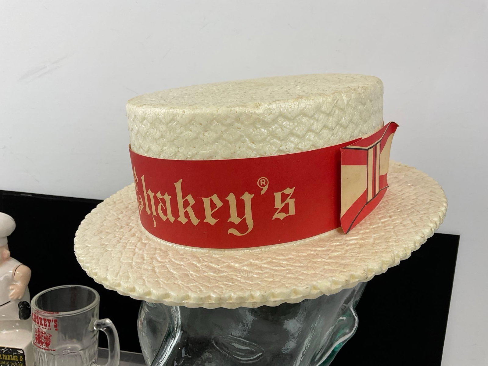 Vintage Shakeys Pizza Stein, Coin Bank, Tiny Mug, & Foam Hat, + Lori Corp Lock w/Key - 4