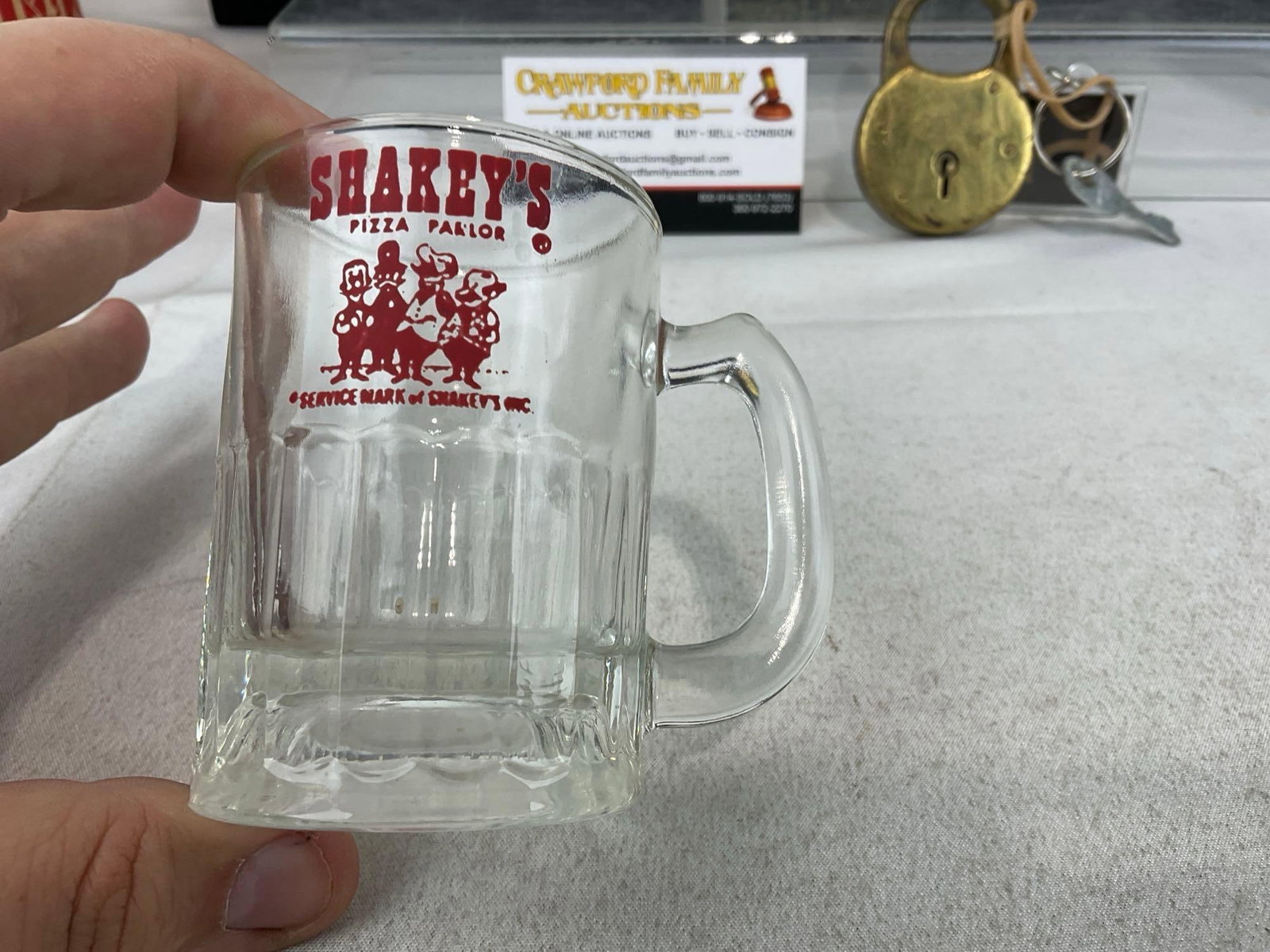 Vintage Shakeys Pizza Stein, Coin Bank, Tiny Mug, & Foam Hat, + Lori Corp Lock w/Key - 9