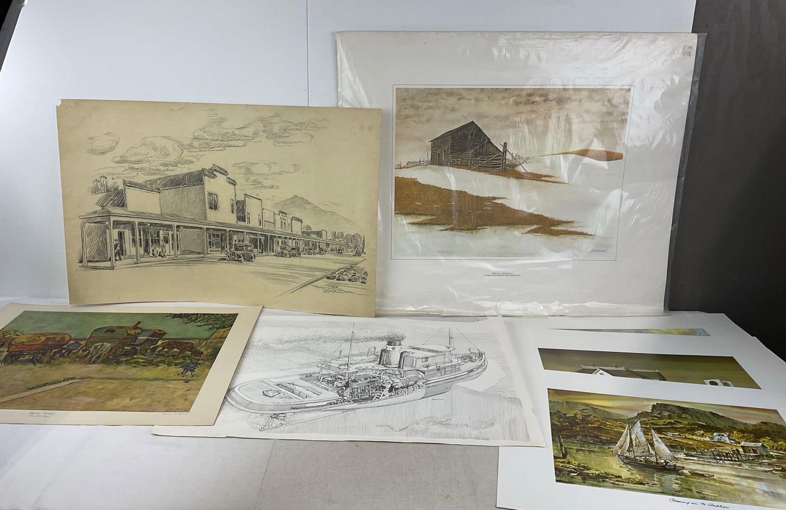 Artwork Prints, Gypsy Camp by Van Gogh, 3 by Arne R. Jensen, 1x by Ron Woodall, 30x26 in: Appears to be in good shape. The piece measures approx 26h x 4w x 4d inches. See pics. E-5360