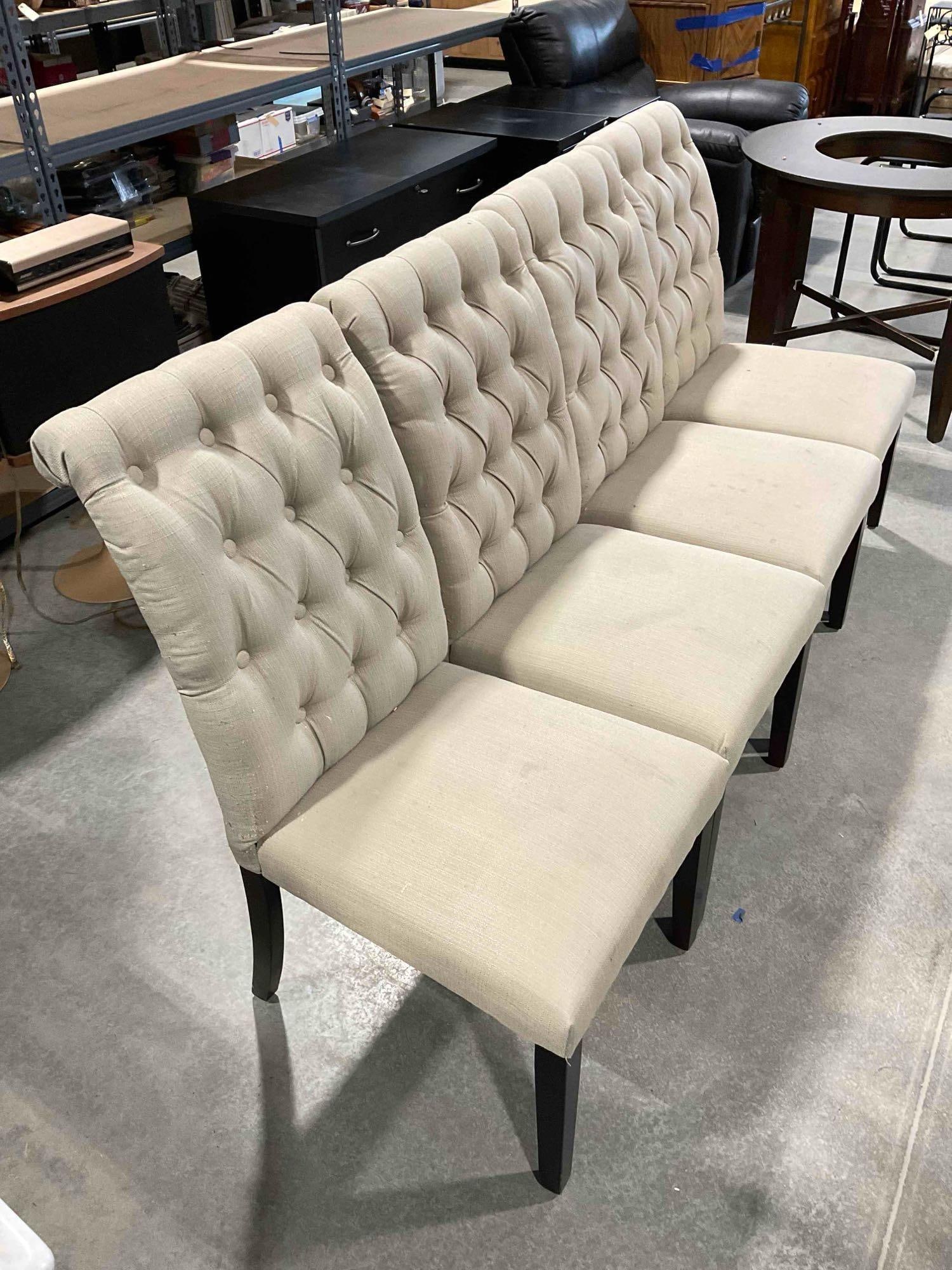 4 pcs World Market Tufted Beige Fabric Upholstered Dining Chairs. Fair Condition. See pics.: 4 pcs World Market Tufted Beige Fabric Upholstered Dining Chairs. Fair Condition. Pieces have stains and wear indicative of age and use, otherwise look to be in fair condition. Measures 20" x 23" x