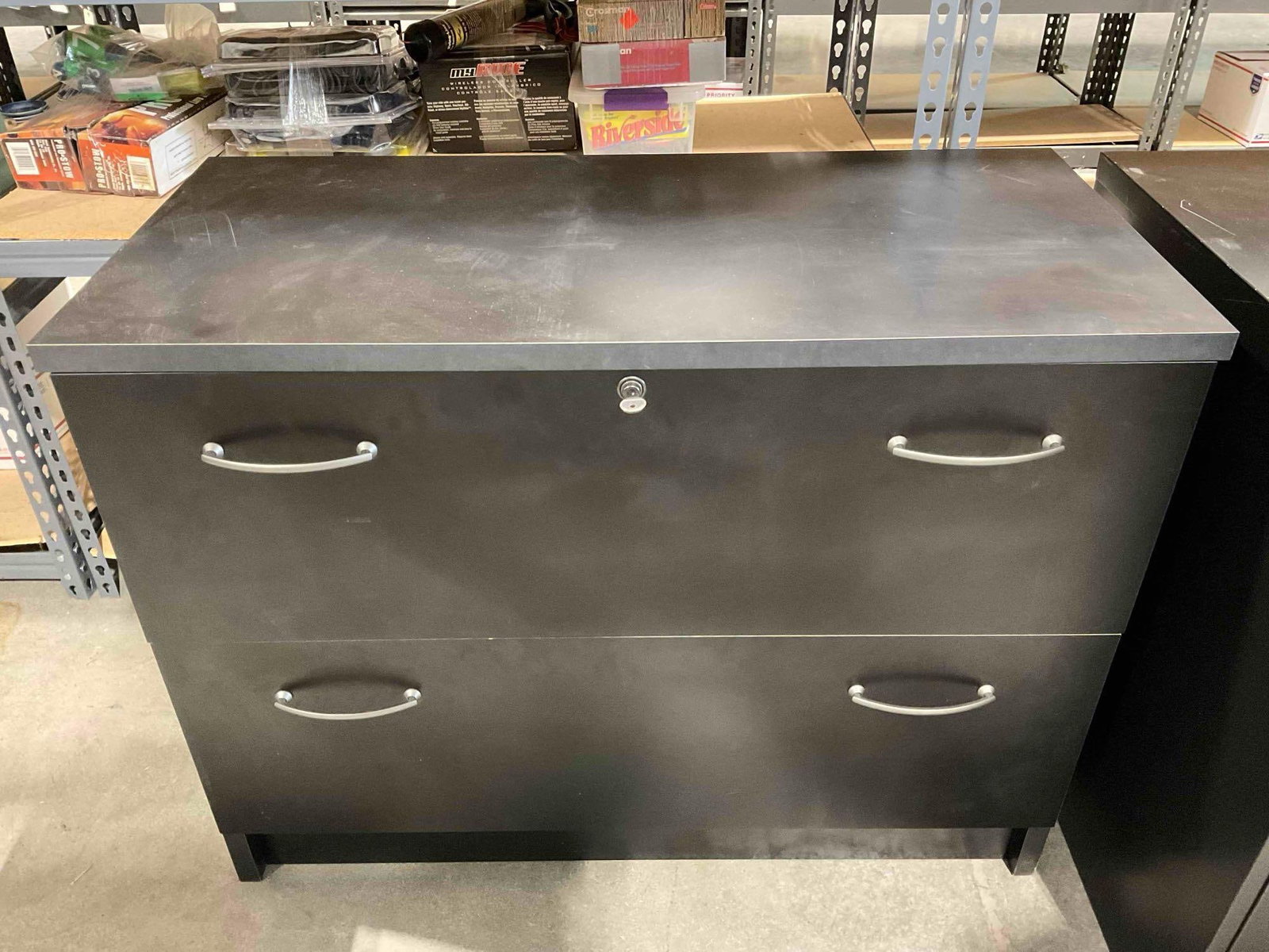 Black Painted Wood Finish 2-Drawer Filing Cabinet. Fair Condition. See pics.: Black Painted Wood Finish 2-Drawer Filing Cabinet. Fair Condition. Piece has wear indicative of age and use, a piece on interior trim is loose, otherwise looks to be in good condition. Measures 38" x 