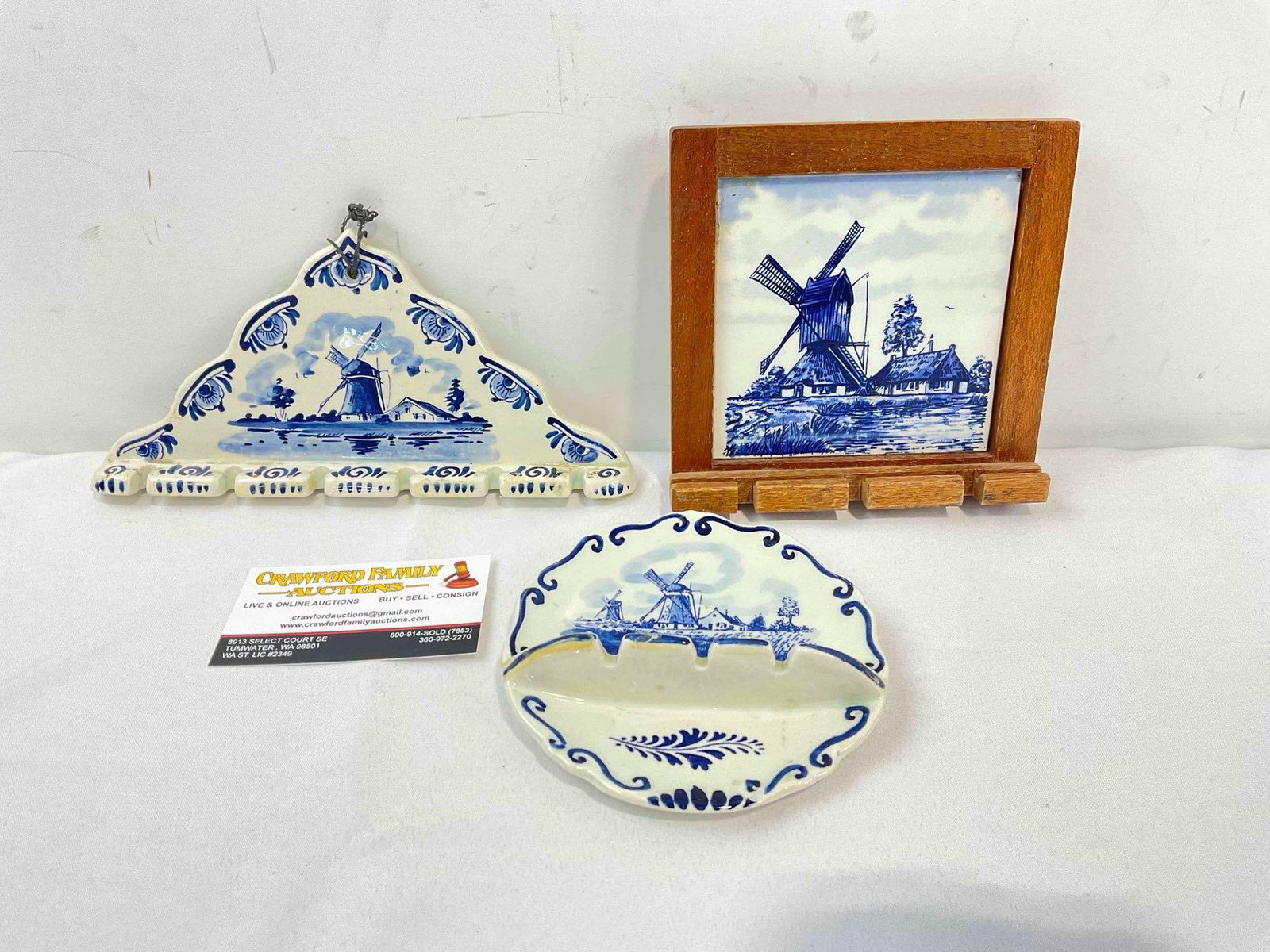 3 pcs Vintage Dutch Delft Blue Ceramic Collectibles, incl. Framed Tile & 2x Spoon Racks. (1 of 4)