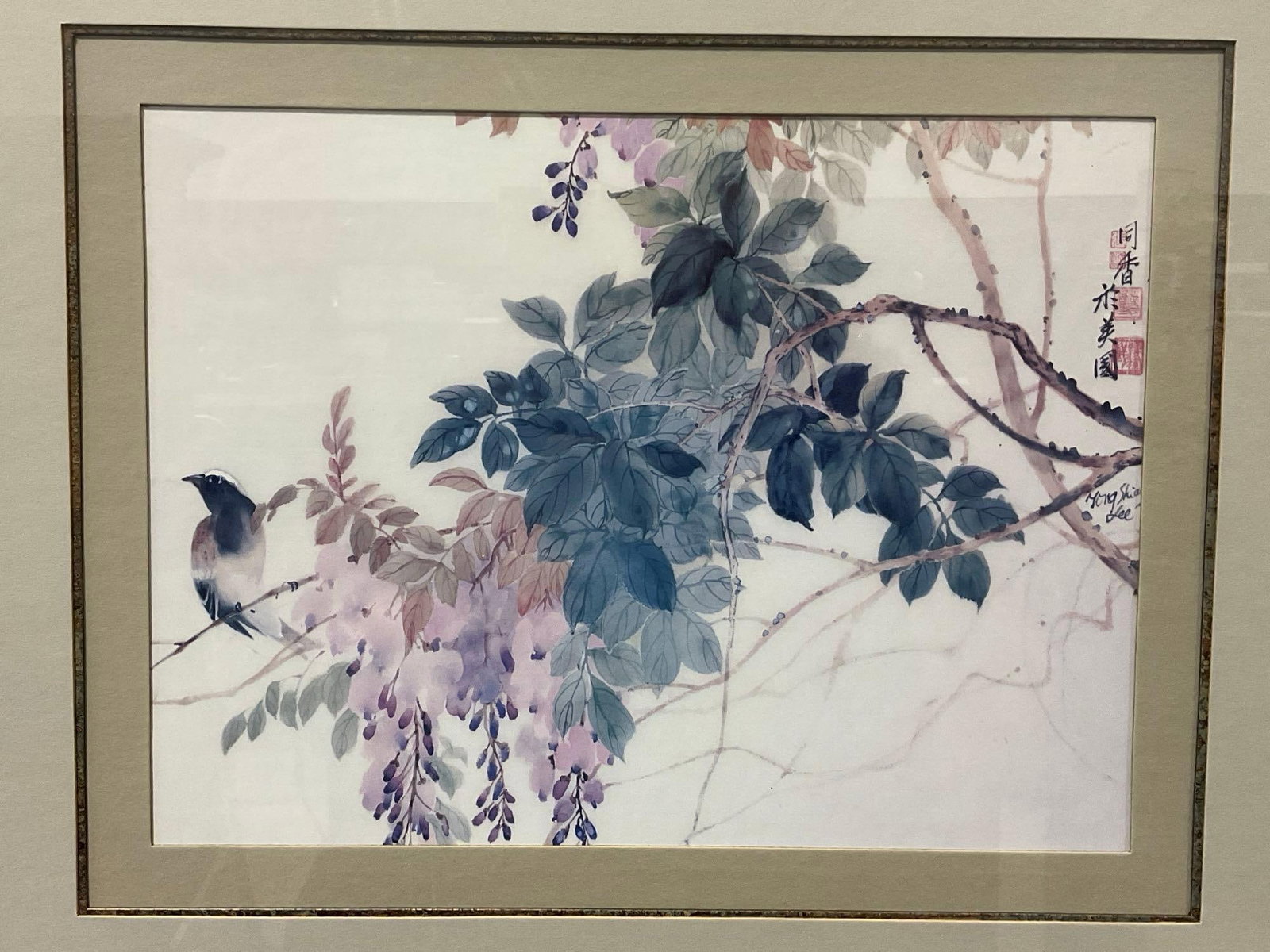 Framed Watercolor Print by Hong Shin Lee, Pale Pink & Green, Bird on a Branch, 21h x 25w inches: From the single consignment collection of Posters, Art, Records, & more from the estate of Stephen B. Kershaw, long time PNW conductor, & composer. Appears to be in good shape. The piece