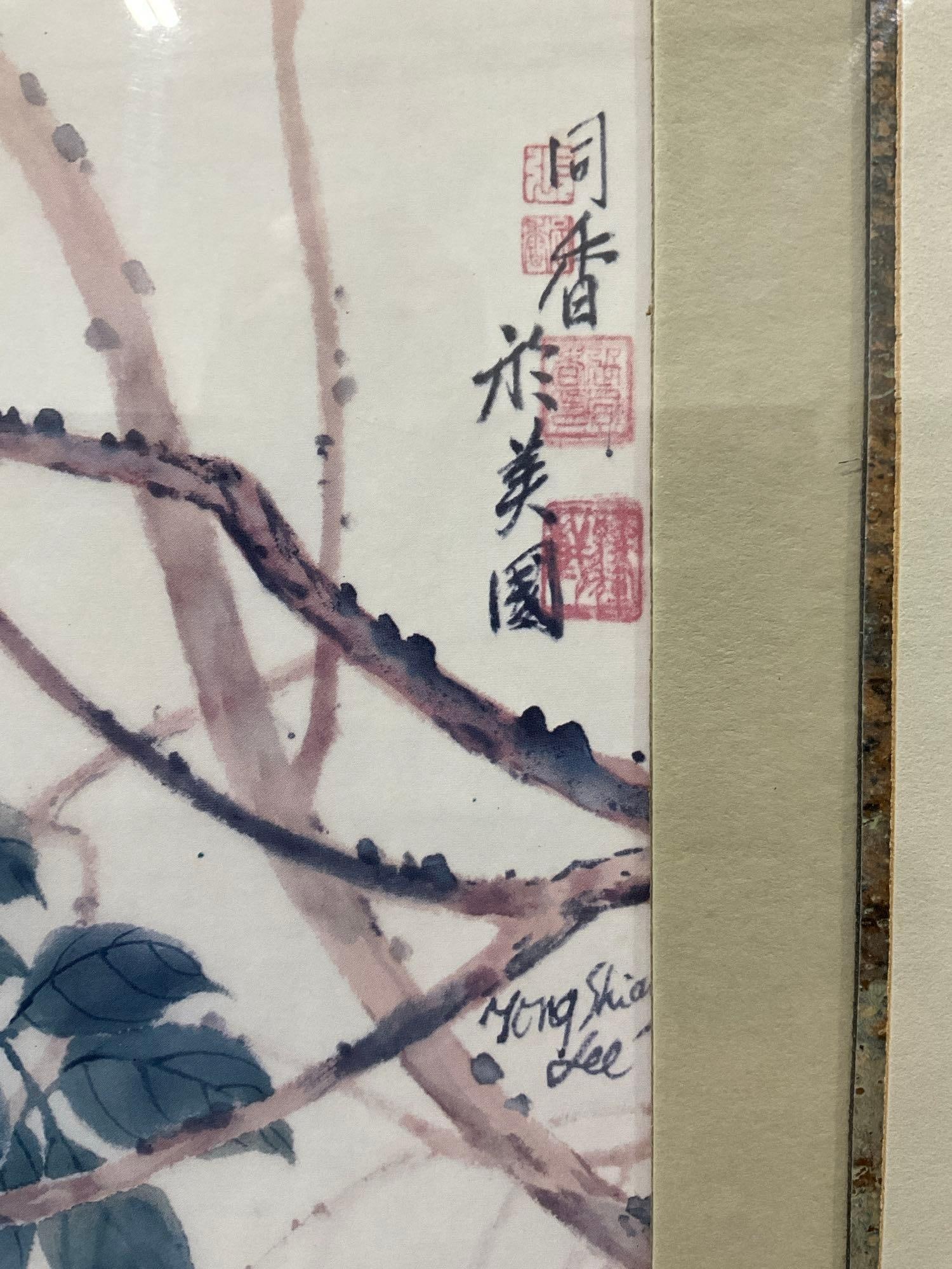 Framed Watercolor Print by Hong Shin Lee, Pale Pink & Green, Bird on a Branch, 21h x 25w inches - 5