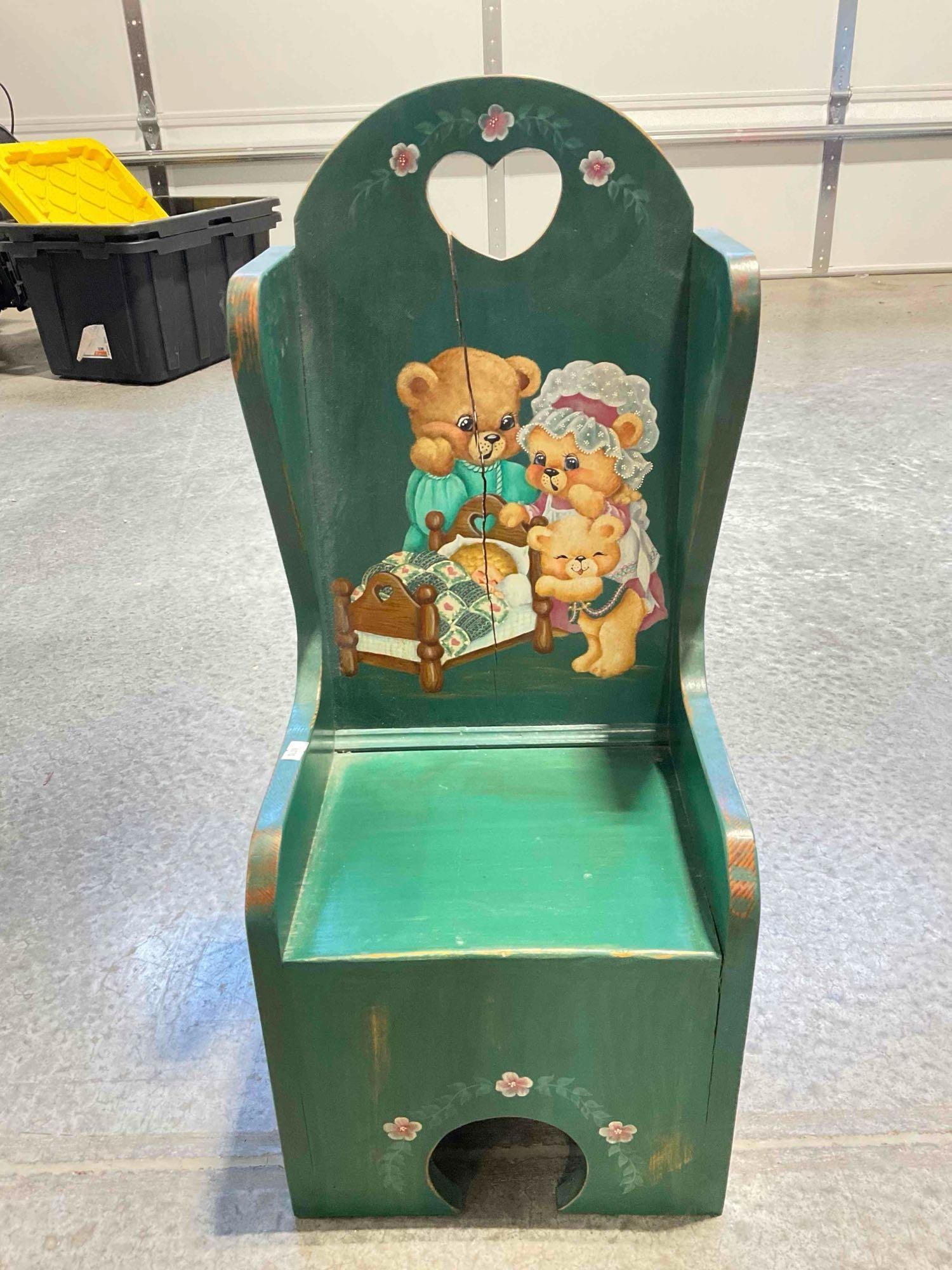 Vintage Wood Child's Doll Chair Painted Green w/ Goldilocks & The Three Bears Design. See pics. (1 of 4)