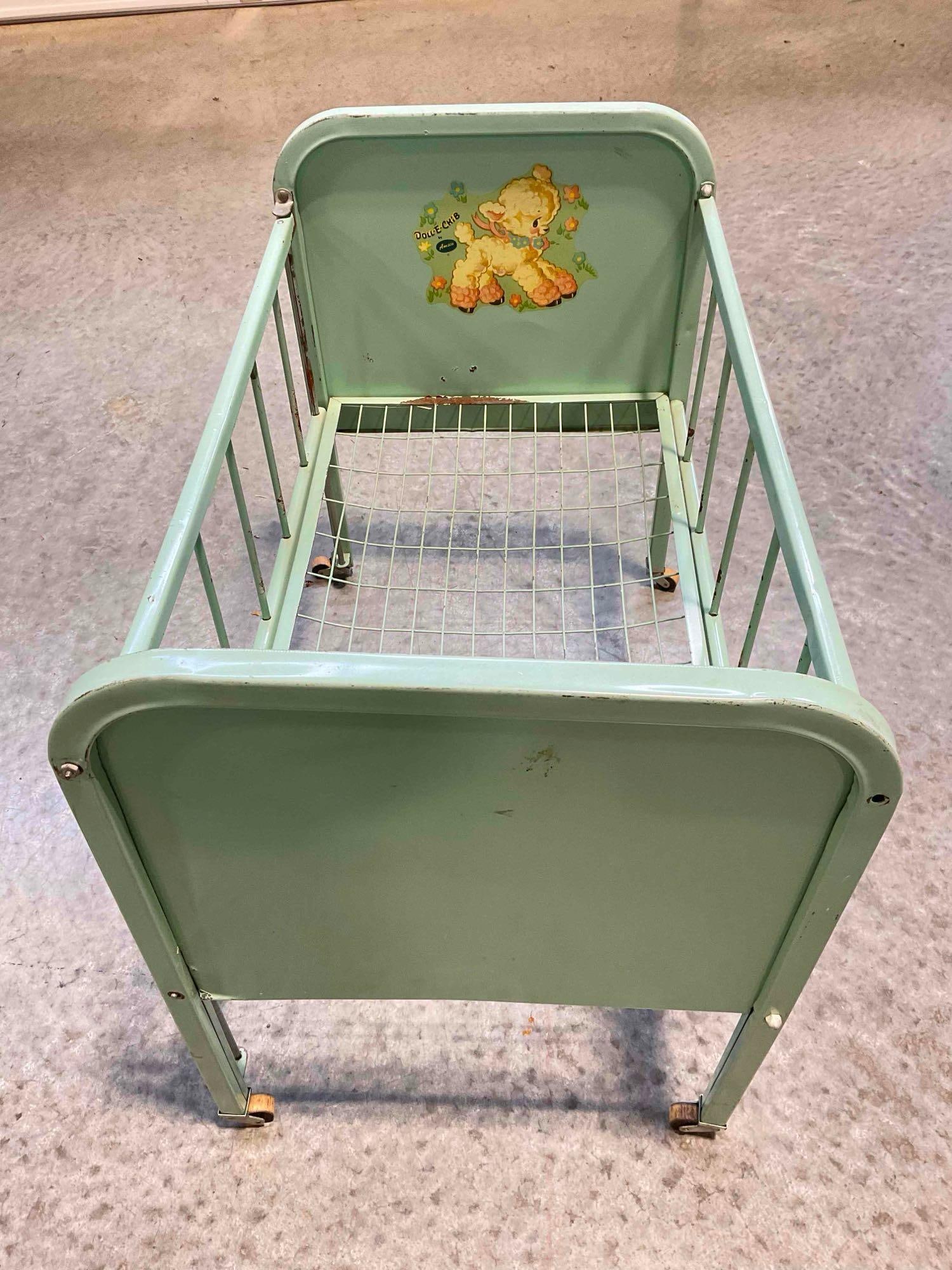 Vintage Amasco Doll-E-Crib Metal Child's Doll Crib, Painted Robin's Egg Blue. Fair Condition. - 5