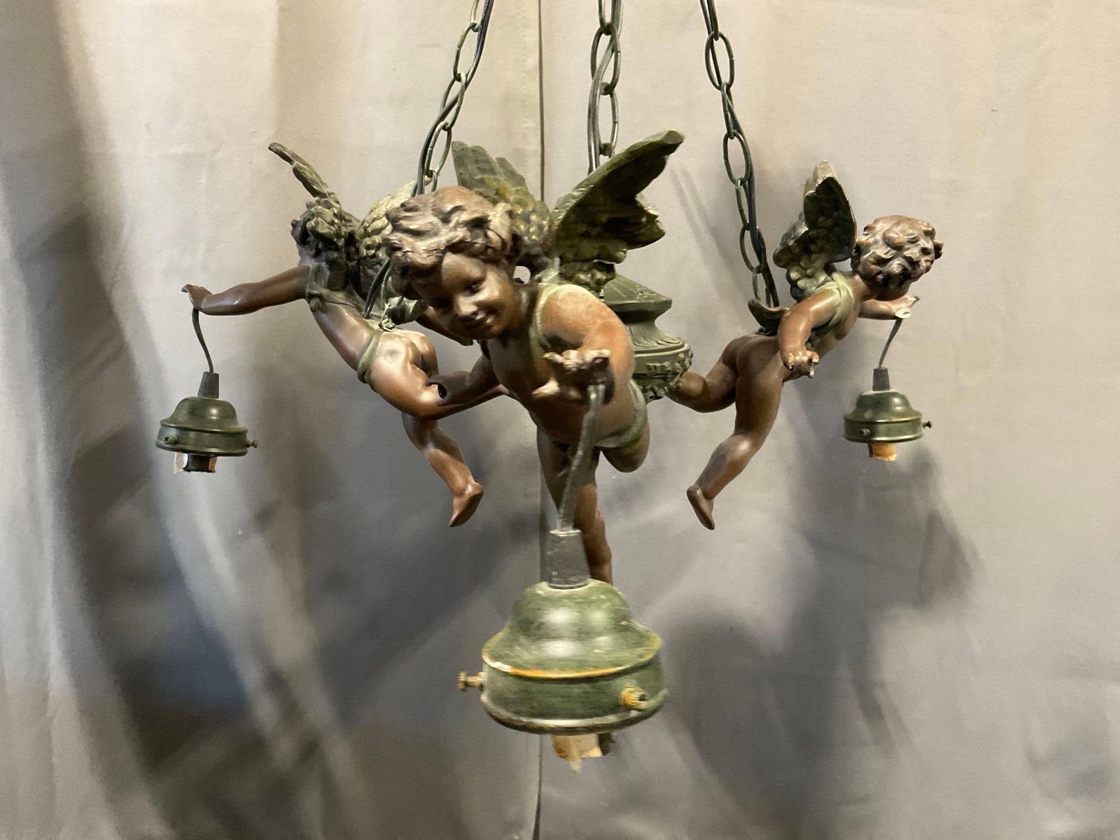 Three Cherub Figural Chandelier, Resin Composite, Bronze Tone Hanging Lamp, 11h x 23w x 23d inches - 2