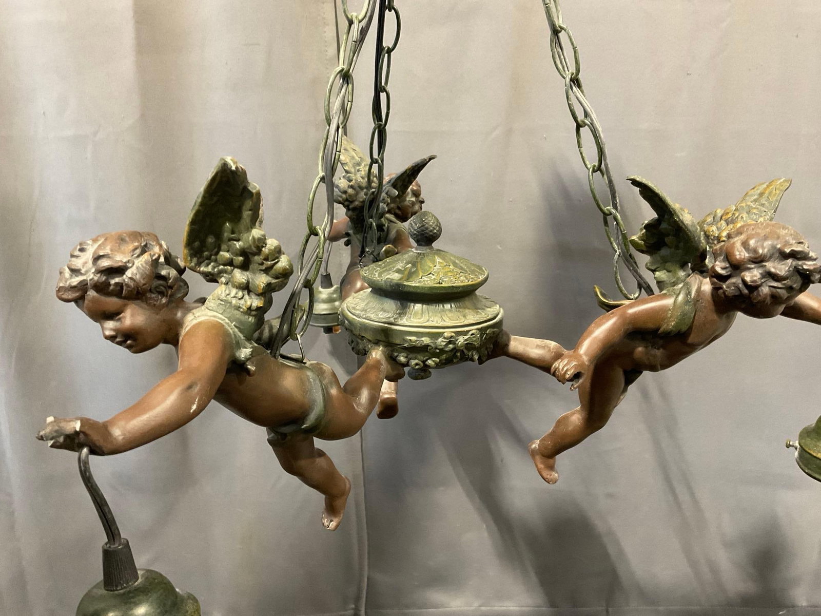 Three Cherub Figural Chandelier, Resin Composite, Bronze Tone Hanging Lamp, 11h x 23w x 23d inches - 3