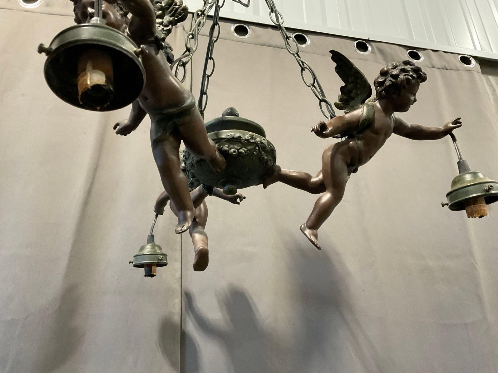 Three Cherub Figural Chandelier, Resin Composite, Bronze Tone Hanging Lamp, 11h x 23w x 23d inches - 4