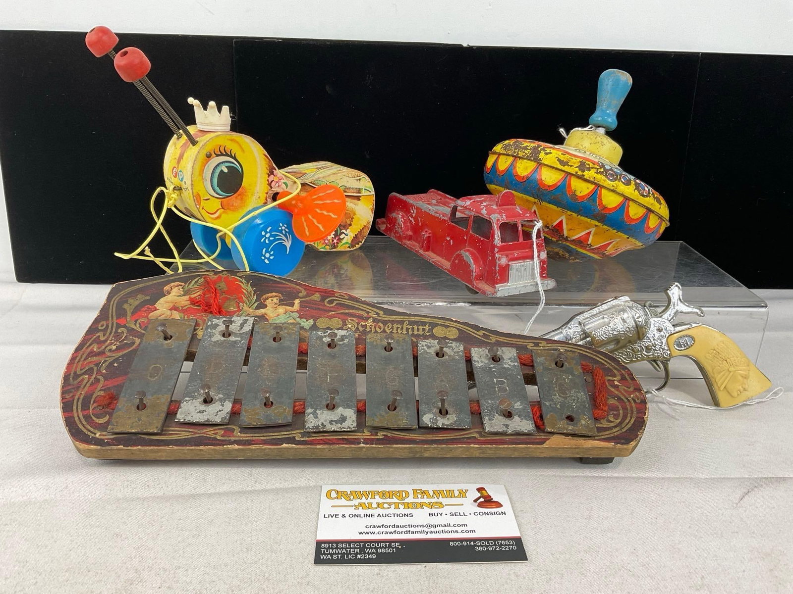 Schoenhut Xylophone, Fisher-Price Queen Buzzy Bee #444 Pull Toy, Diecast Firetruck & Vintage Tin ...: Appears to be in fair shape, shows some wear from over the years. The piece measures approx 8h x 13w x 8d inches. See pics. E-6160
