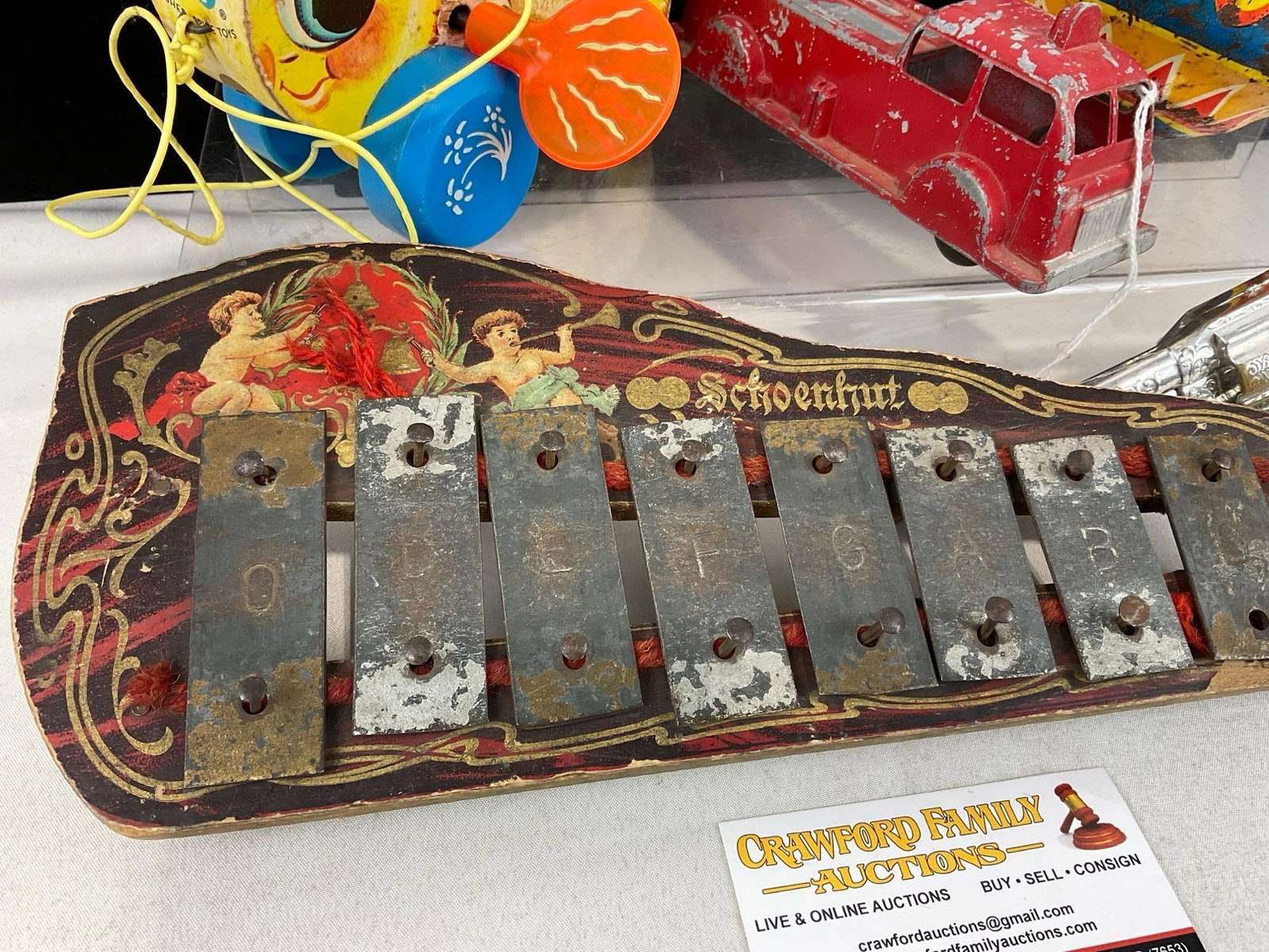 Schoenhut Xylophone, Fisher-Price Queen Buzzy Bee #444 Pull Toy, Diecast Firetruck & Vintage Tin ... - 3