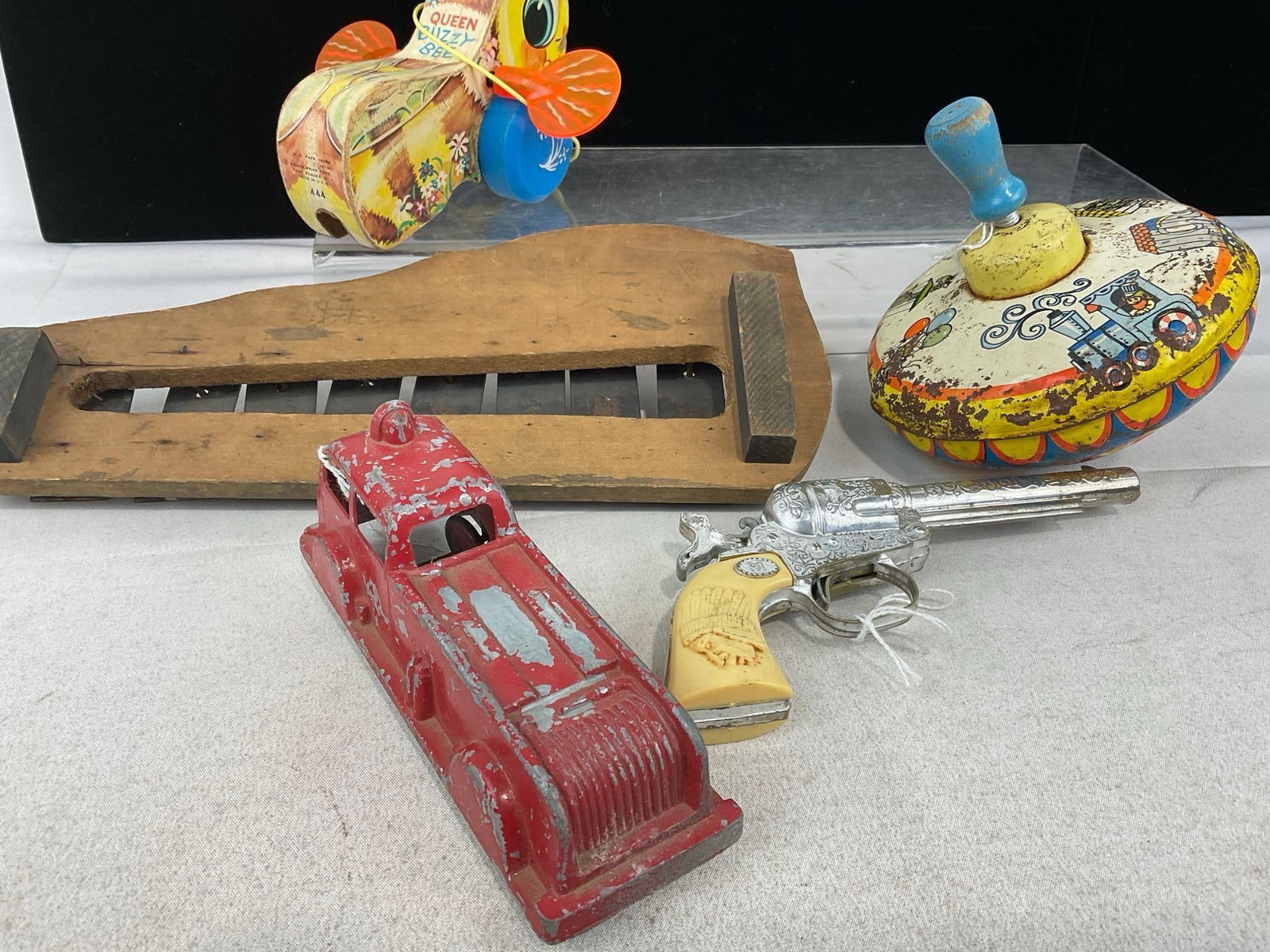 Schoenhut Xylophone, Fisher-Price Queen Buzzy Bee #444 Pull Toy, Diecast Firetruck & Vintage Tin ... - 4