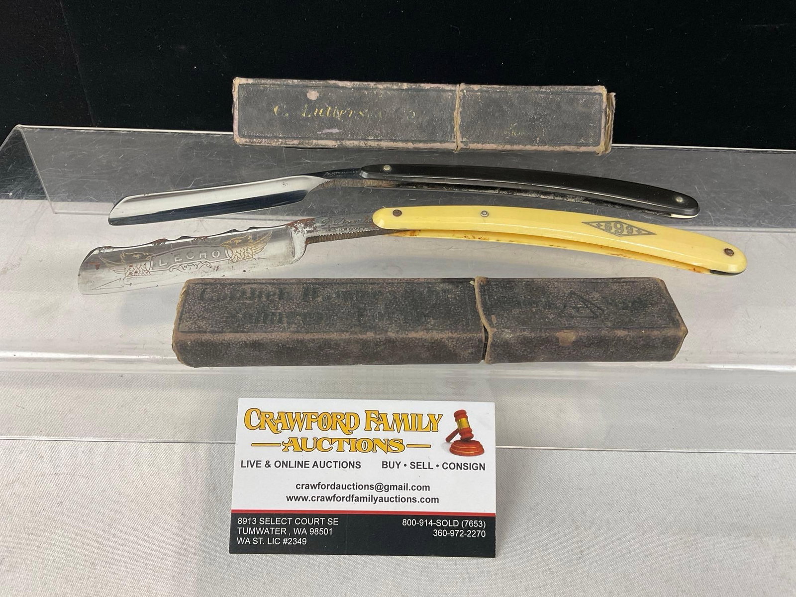 Pair of antique Straight Razors, LEcho F. Dowler & Sons, & Gottlieb Hammesfahr Solingen w/cases: Plastic/Celluloid handles. Blades are quite sharp. Appears to be in good shape. The piece measures approx 8h x 2w x 2d inches. See pics. E-6160