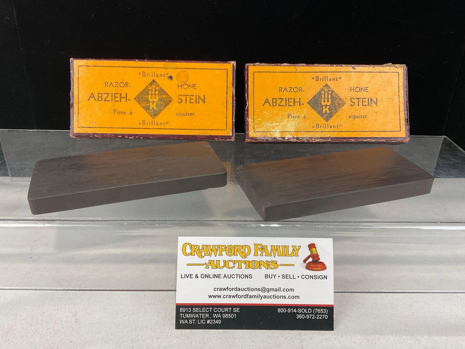 Pair of Antique Brillant Razor Hone Abziehstein w/original yellow packaging: Appears to be in good shape. The piece measures approx 2h x 6w x 3d inches. See pics. E-6160