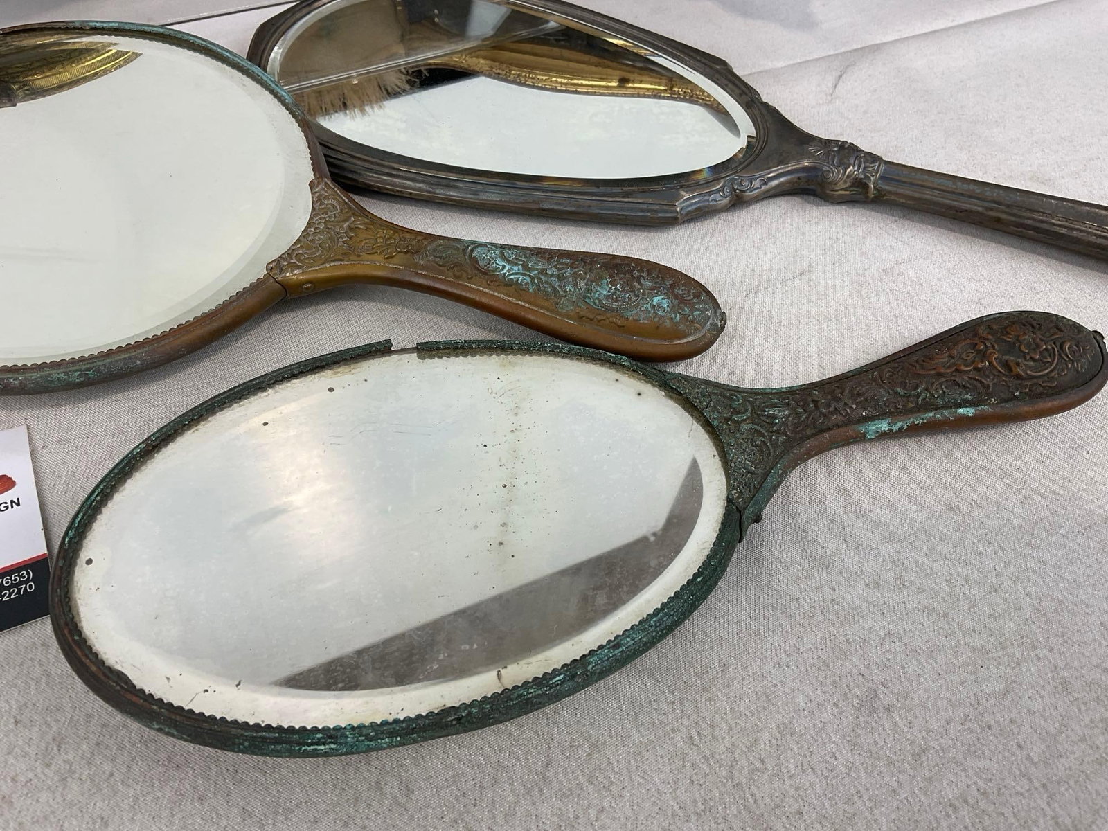 5 Antique Bronze & Silver Hand Mirrors & Brush, 1 Sterling ttw 347.4 grams, 2 w/cracked glass - 2