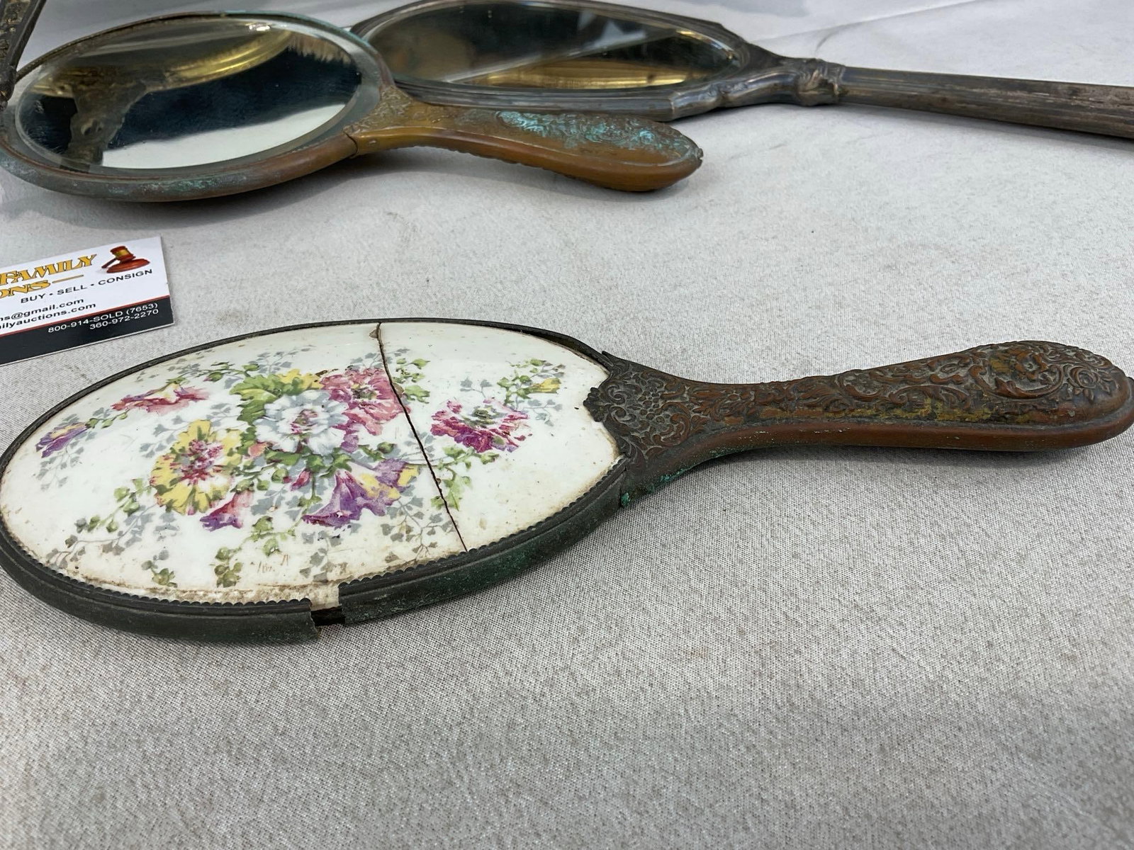 5 Antique Bronze & Silver Hand Mirrors & Brush, 1 Sterling ttw 347.4 grams, 2 w/cracked glass - 3