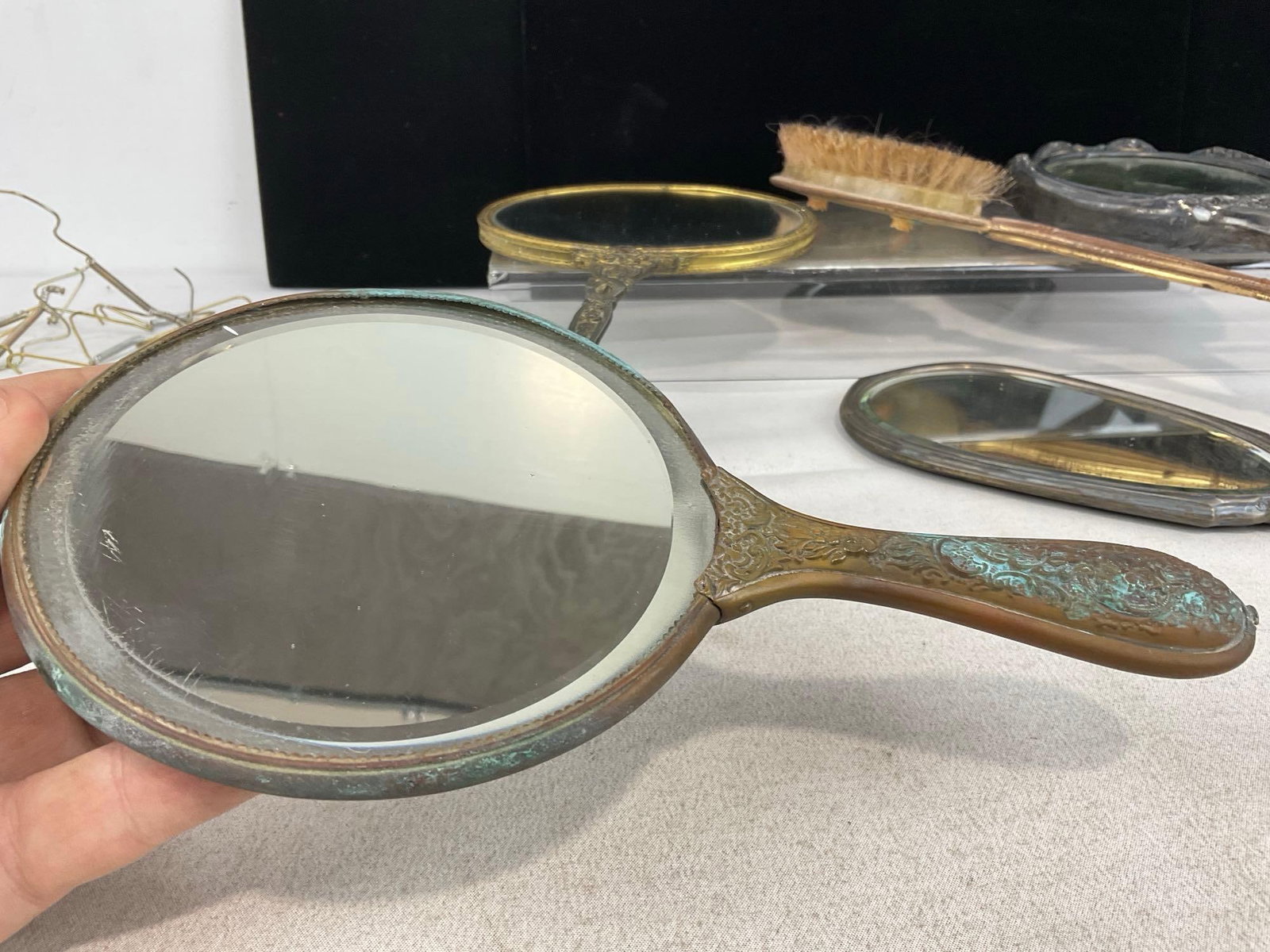 5 Antique Bronze & Silver Hand Mirrors & Brush, 1 Sterling ttw 347.4 grams, 2 w/cracked glass - 4