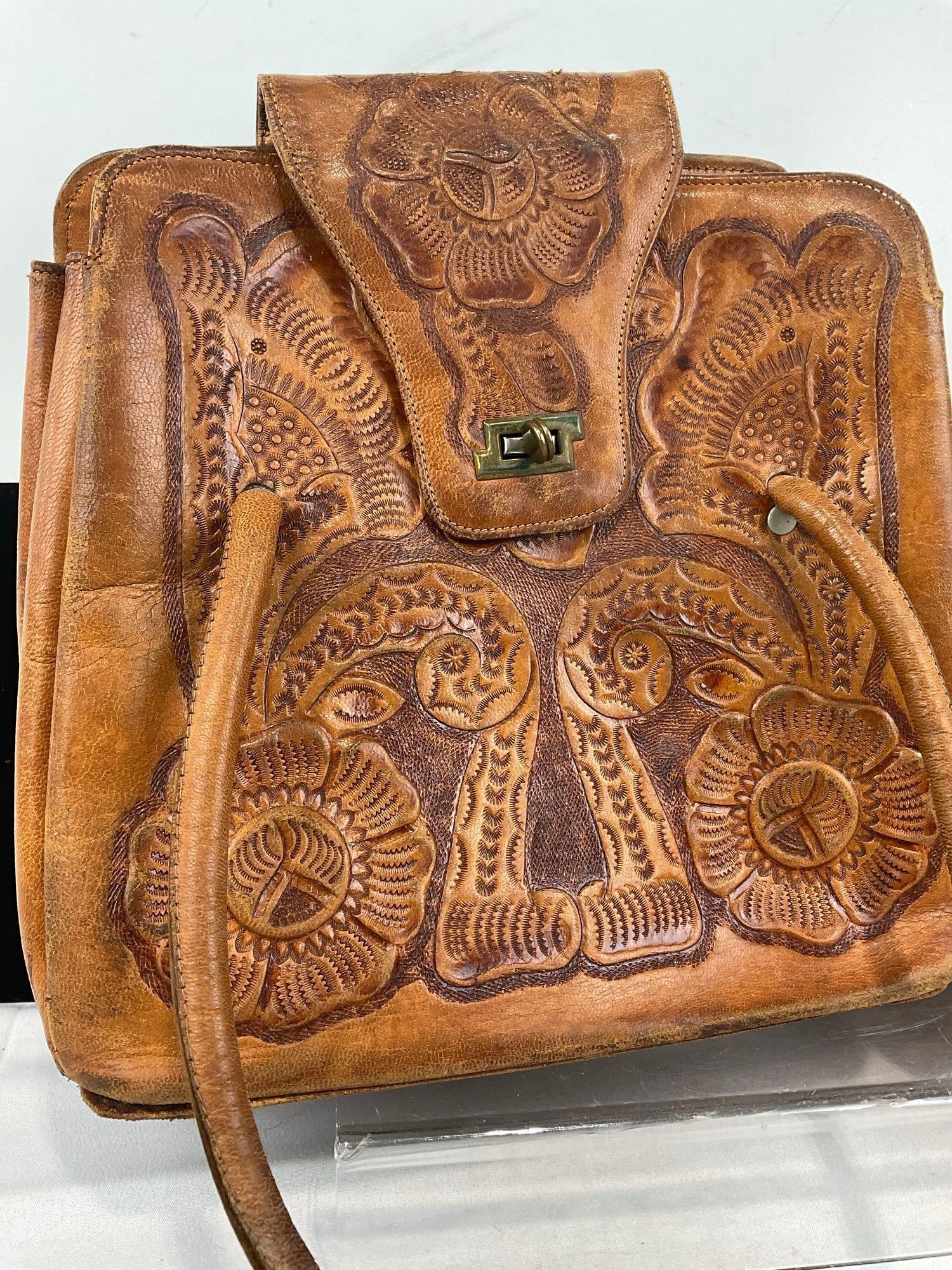 Mexican Hand Tooled Genuine Leather Flores Bags, & Art Deco Travel Vanity Set, Comb, Mirror & more - 2