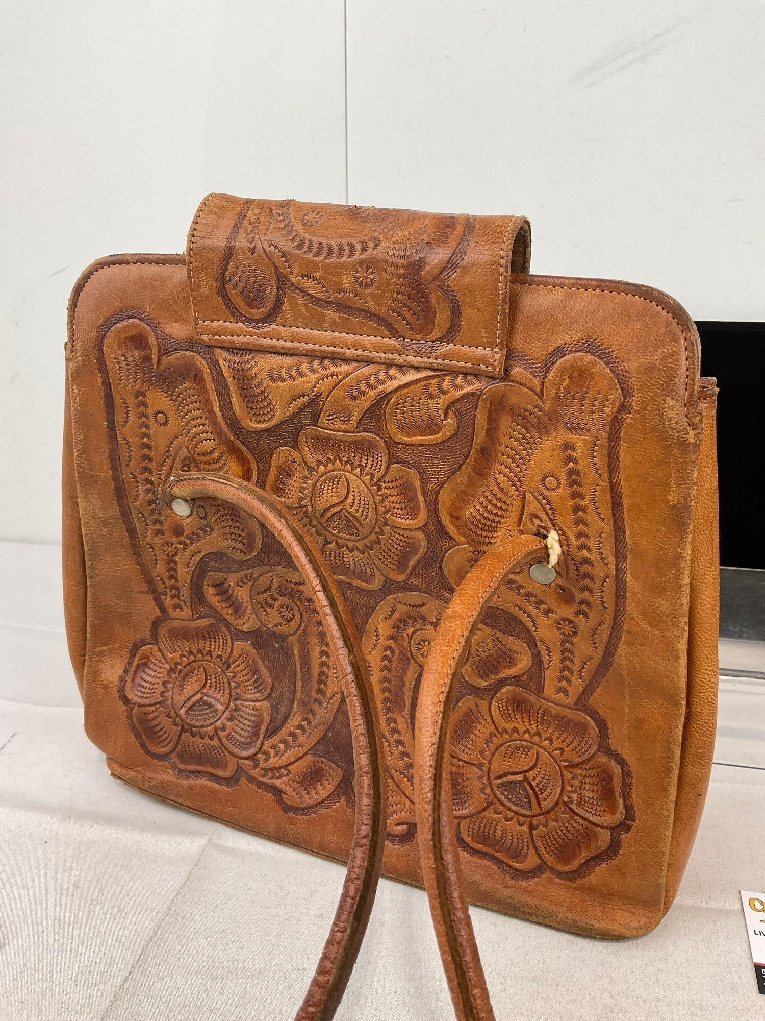 Mexican Hand Tooled Genuine Leather Flores Bags, & Art Deco Travel Vanity Set, Comb, Mirror & more - 3