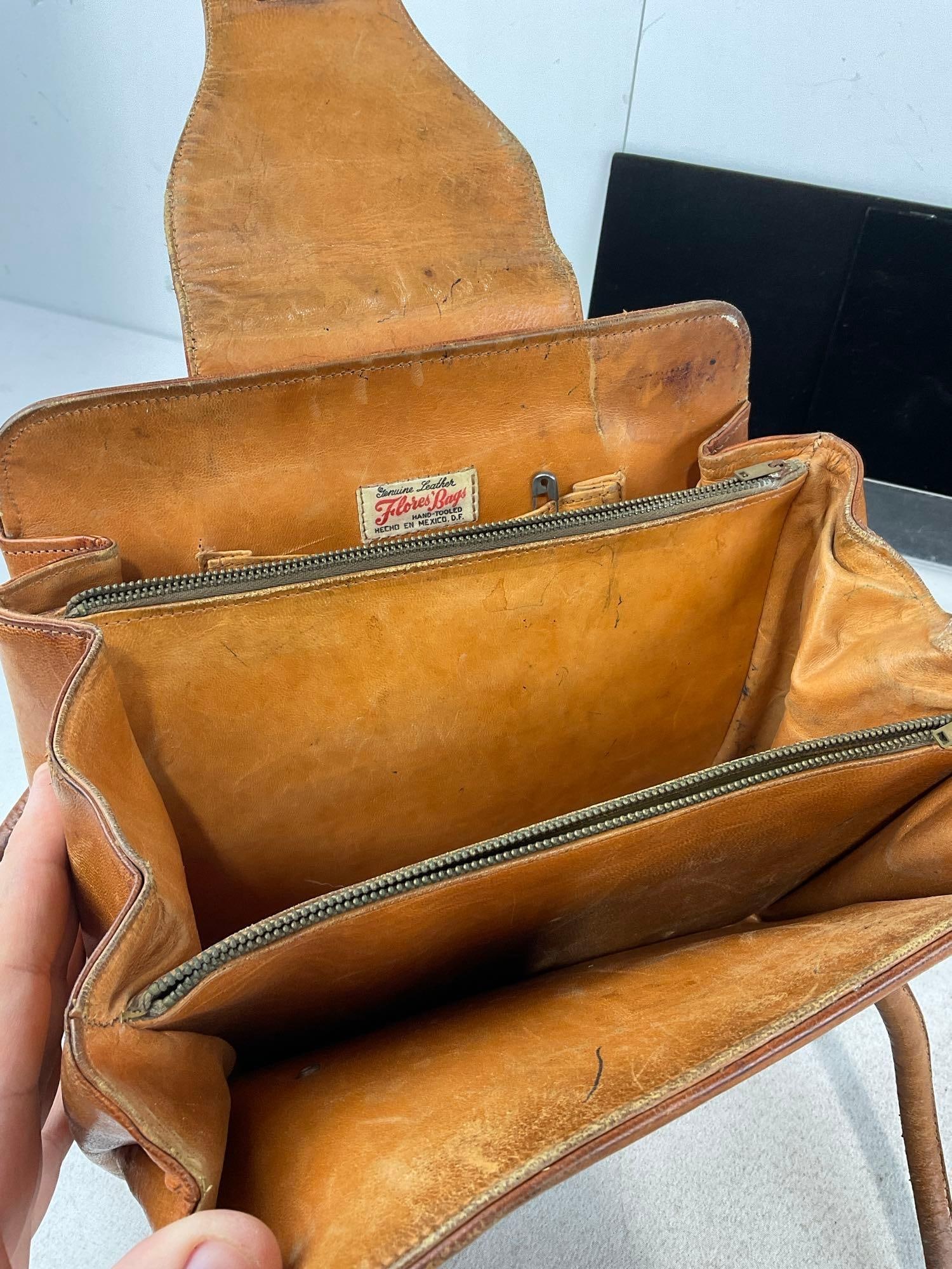 Mexican Hand Tooled Genuine Leather Flores Bags, & Art Deco Travel Vanity Set, Comb, Mirror & more - 4