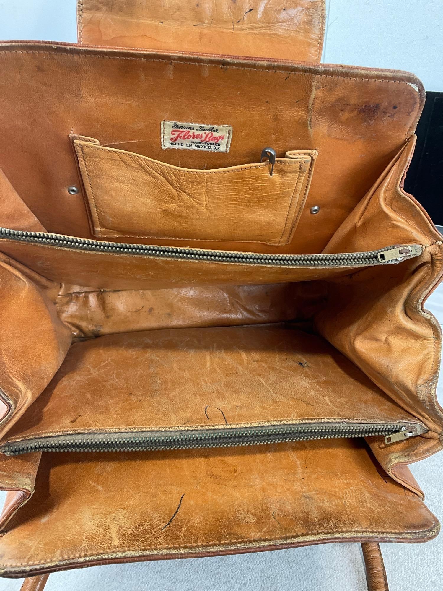 Mexican Hand Tooled Genuine Leather Flores Bags, & Art Deco Travel Vanity Set, Comb, Mirror & more - 6