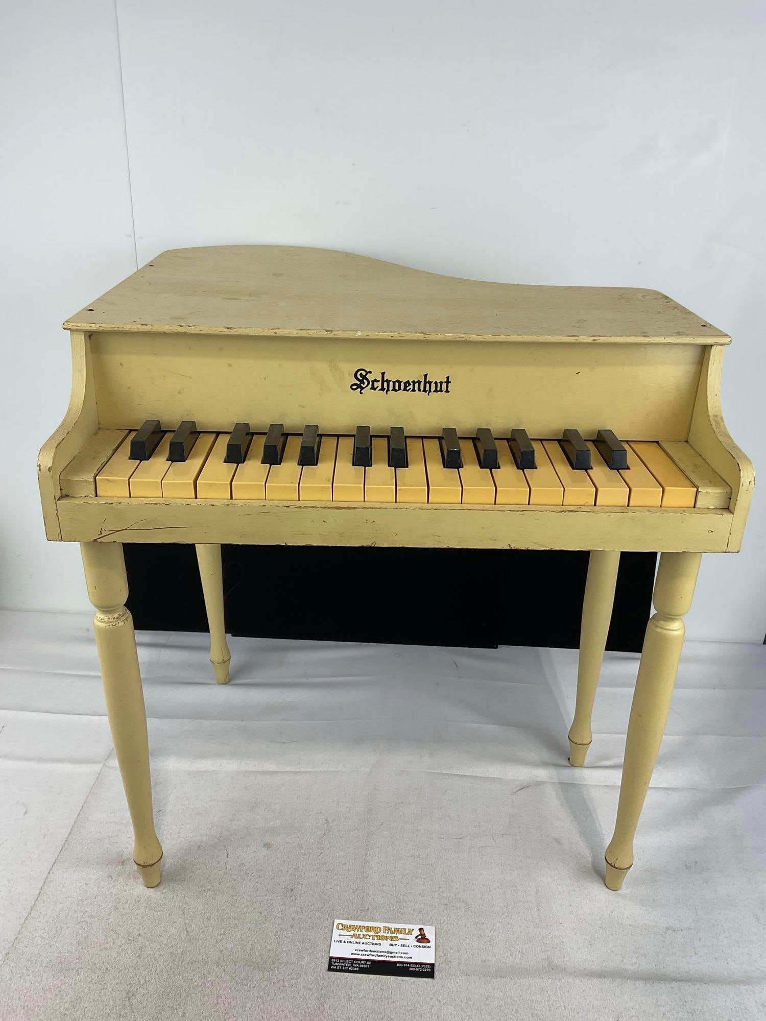 Vintage Schoenhut Wooden Childs Toy Piano, 30 key, thin legs, painted white: Appears to be in fair to good shape, some scratches & missing finish. The piece measures approx 6h x 20w x 19d inches, w/unscrewed legs. See pics. E-6160