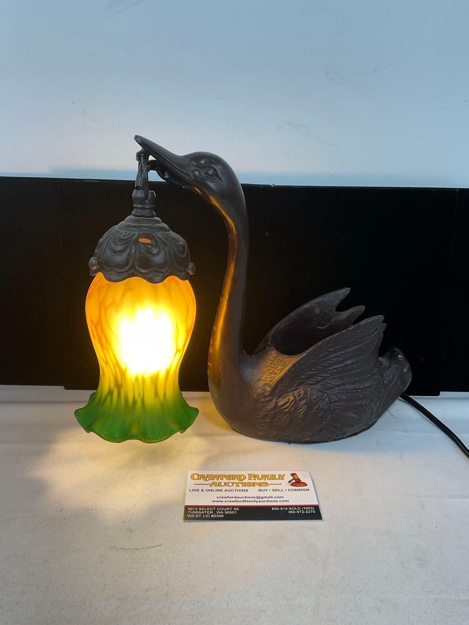 Vintage Bronzed Cast Iron Swan Lamp, w/Yellow/Green Ombre, Tested & working: Appears to be in good shape. The piece measures approx 10h x 12w x 5d inches. See pics. E-6160