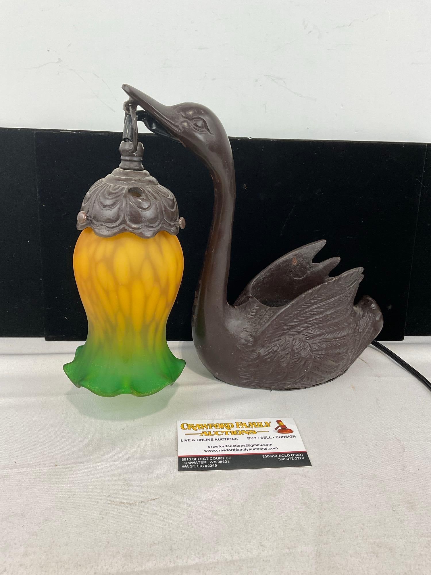 Vintage Bronzed Cast Iron Swan Lamp, w/Yellow/Green Ombre, Tested & working - 2
