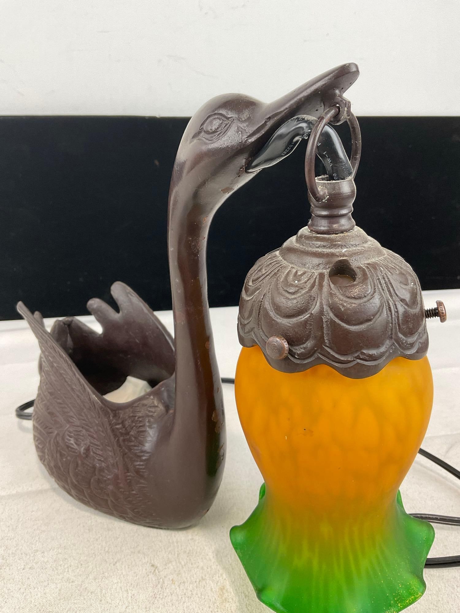 Vintage Bronzed Cast Iron Swan Lamp, w/Yellow/Green Ombre, Tested & working - 3