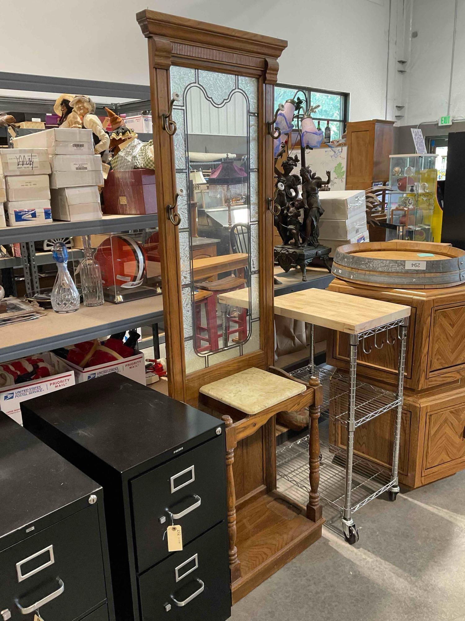 Vintage Oak Wood Hall Tree w/ Textured Glass Mirror, 4 Hooks & Marble Countertop. See pics. - 2