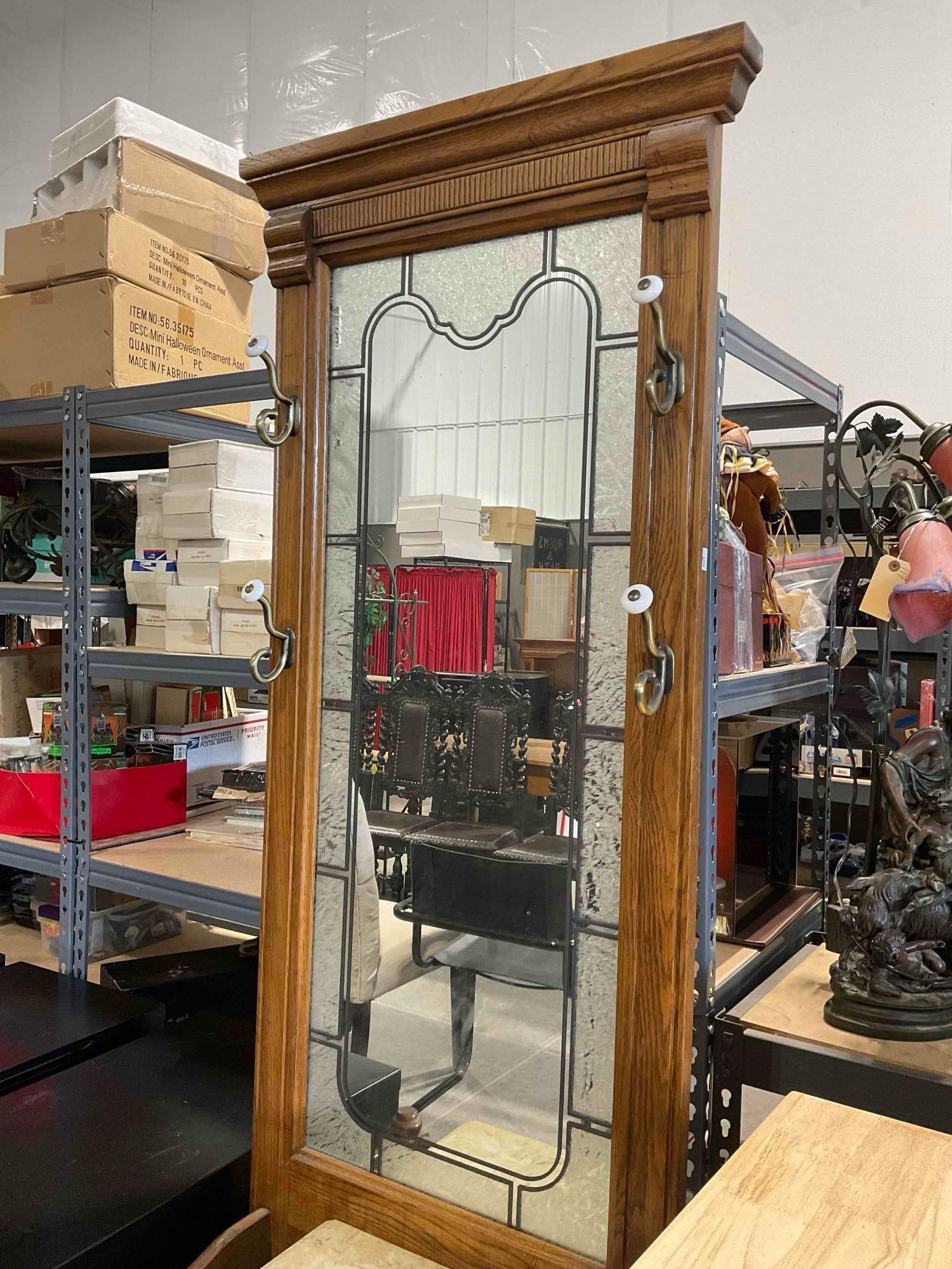 Vintage Oak Wood Hall Tree w/ Textured Glass Mirror, 4 Hooks & Marble Countertop. See pics. - 4