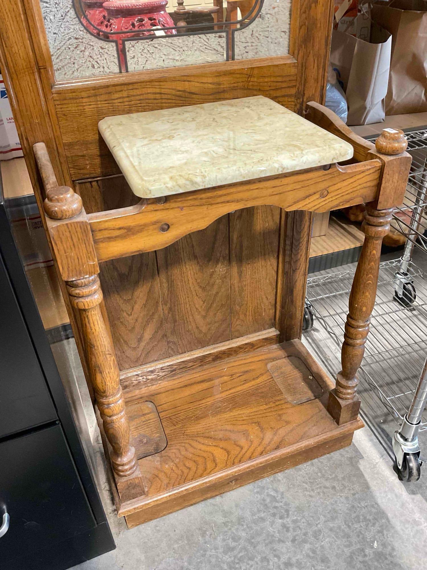 Vintage Oak Wood Hall Tree w/ Textured Glass Mirror, 4 Hooks & Marble Countertop. See pics. - 5