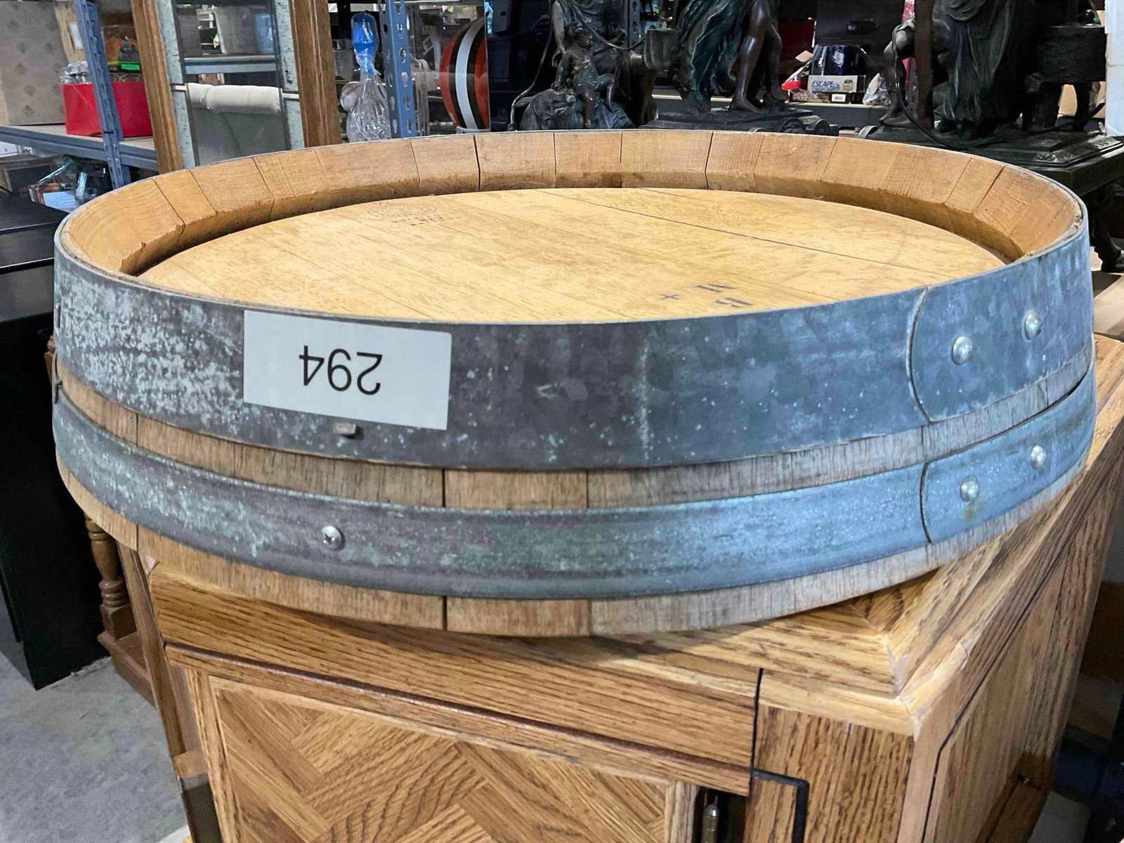 Fun Oak Wood & Metal Lazy Susan Constructed from French Francois Freres Wine Barrel. See pics. - 2