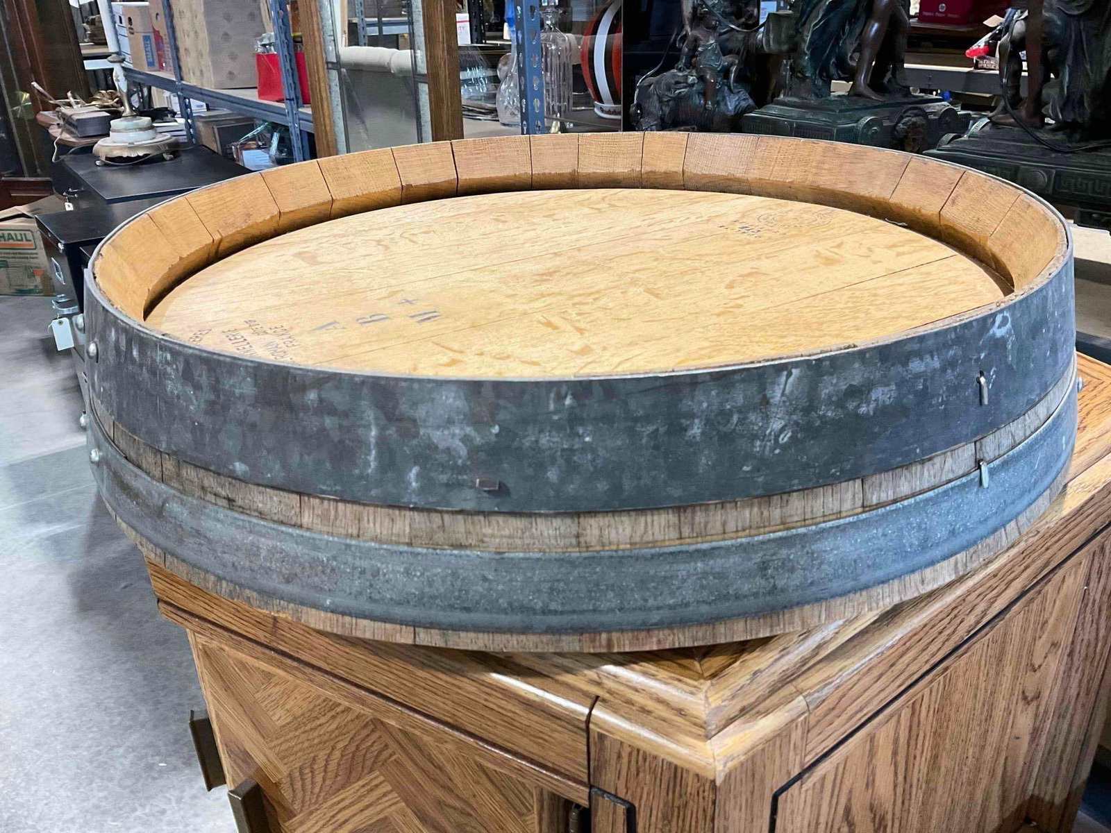 Fun Oak Wood & Metal Lazy Susan Constructed from French Francois Freres Wine Barrel. See pics. - 3