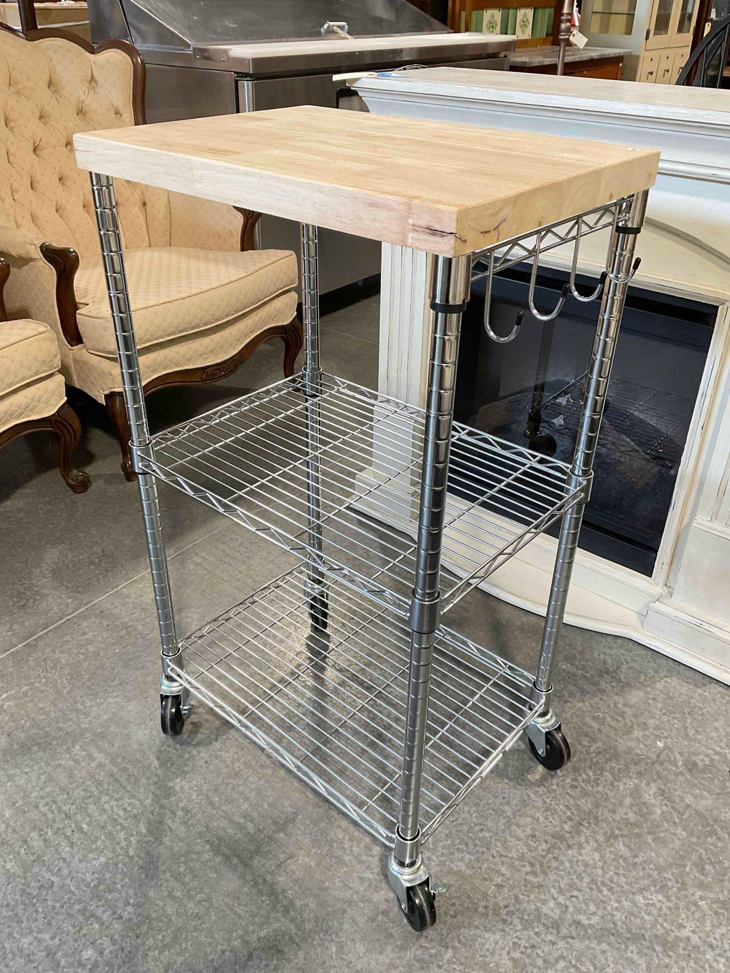 Kitchen Storage Microwave Stand Rolling Metal 2-Tier Shelf w/ Wood Top. Good Condition. See pics. - 2