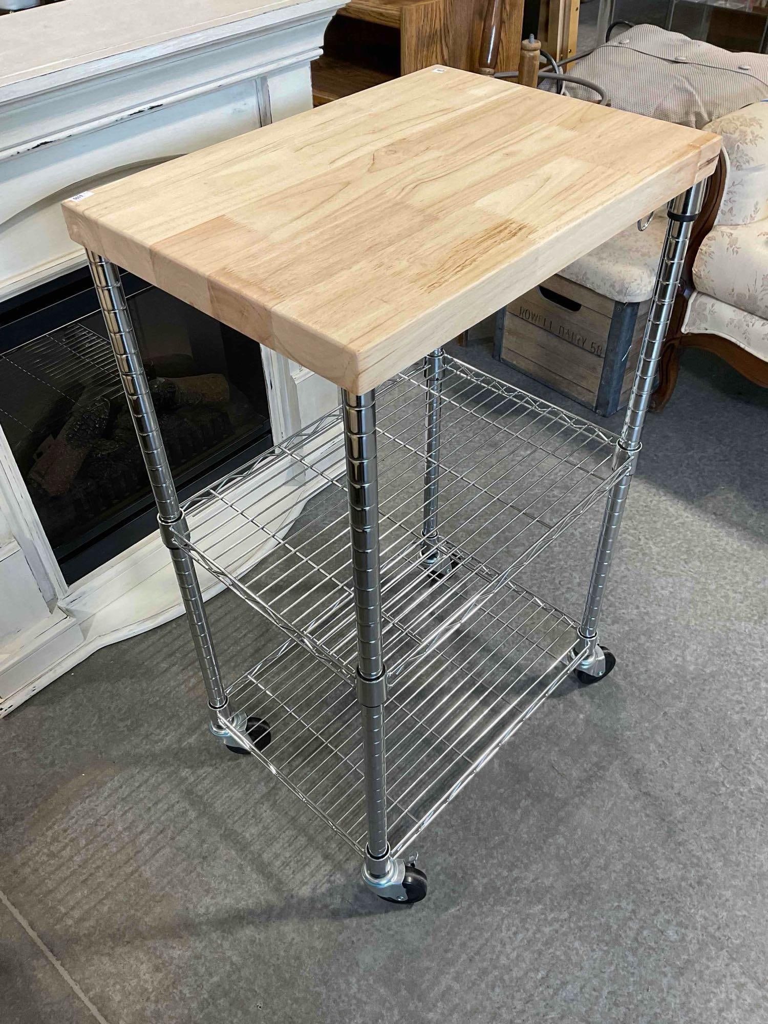 Kitchen Storage Microwave Stand Rolling Metal 2-Tier Shelf w/ Wood Top. Good Condition. See pics. - 3