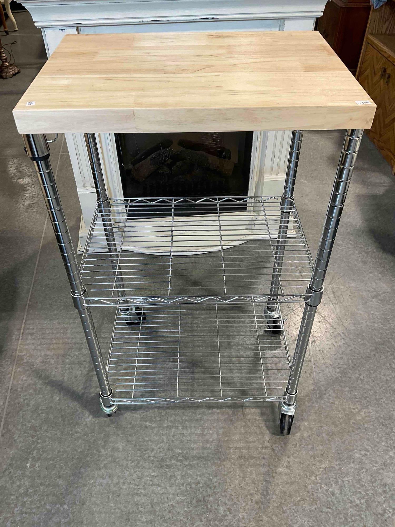 Kitchen Storage Microwave Stand Rolling Metal 2-Tier Shelf w/ Wood Top. Good Condition. See pics. - 4
