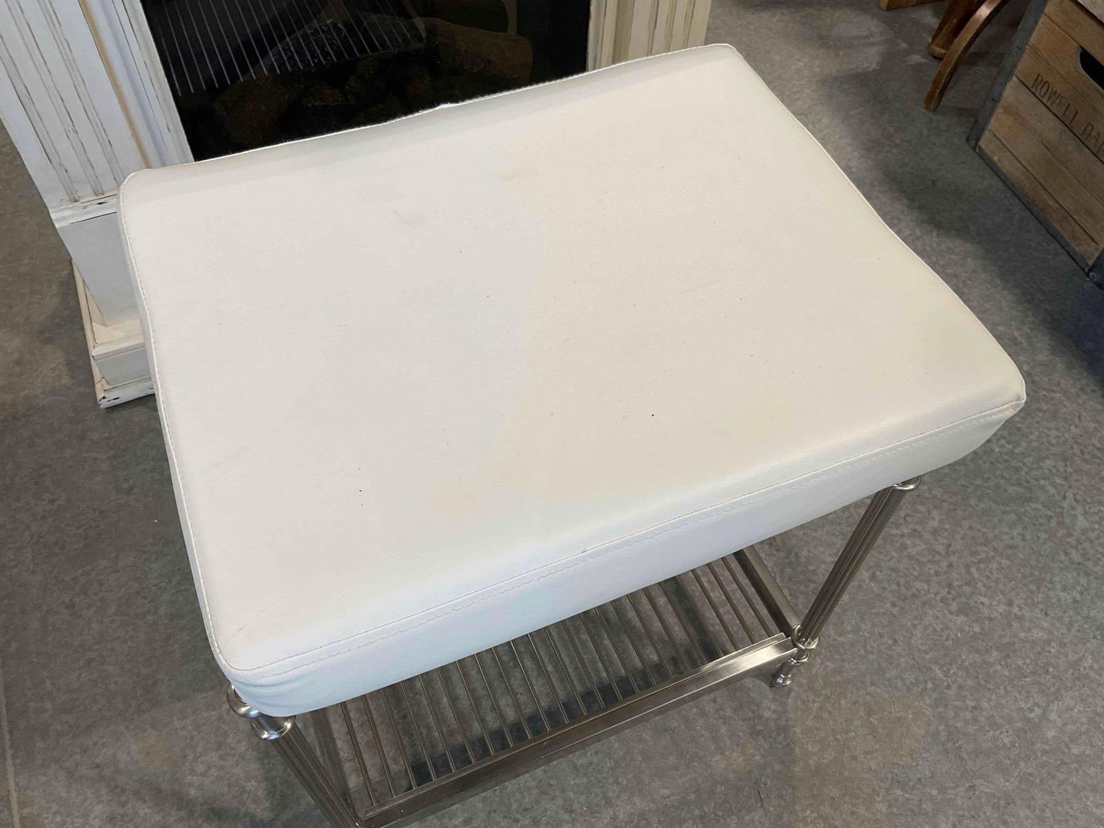 Modern Metal Bench w/ Storage Shelf & White Vinyl Upholstered Cushion. Fair Condition. See pics. - 2