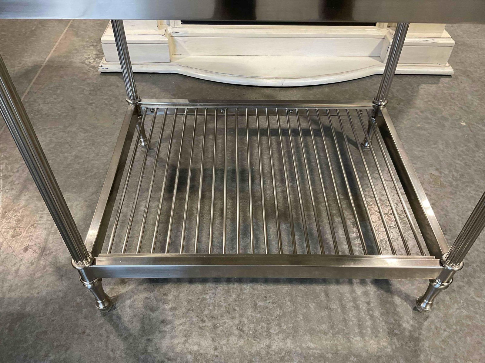 Modern Metal Bench w/ Storage Shelf & White Vinyl Upholstered Cushion. Fair Condition. See pics. - 3