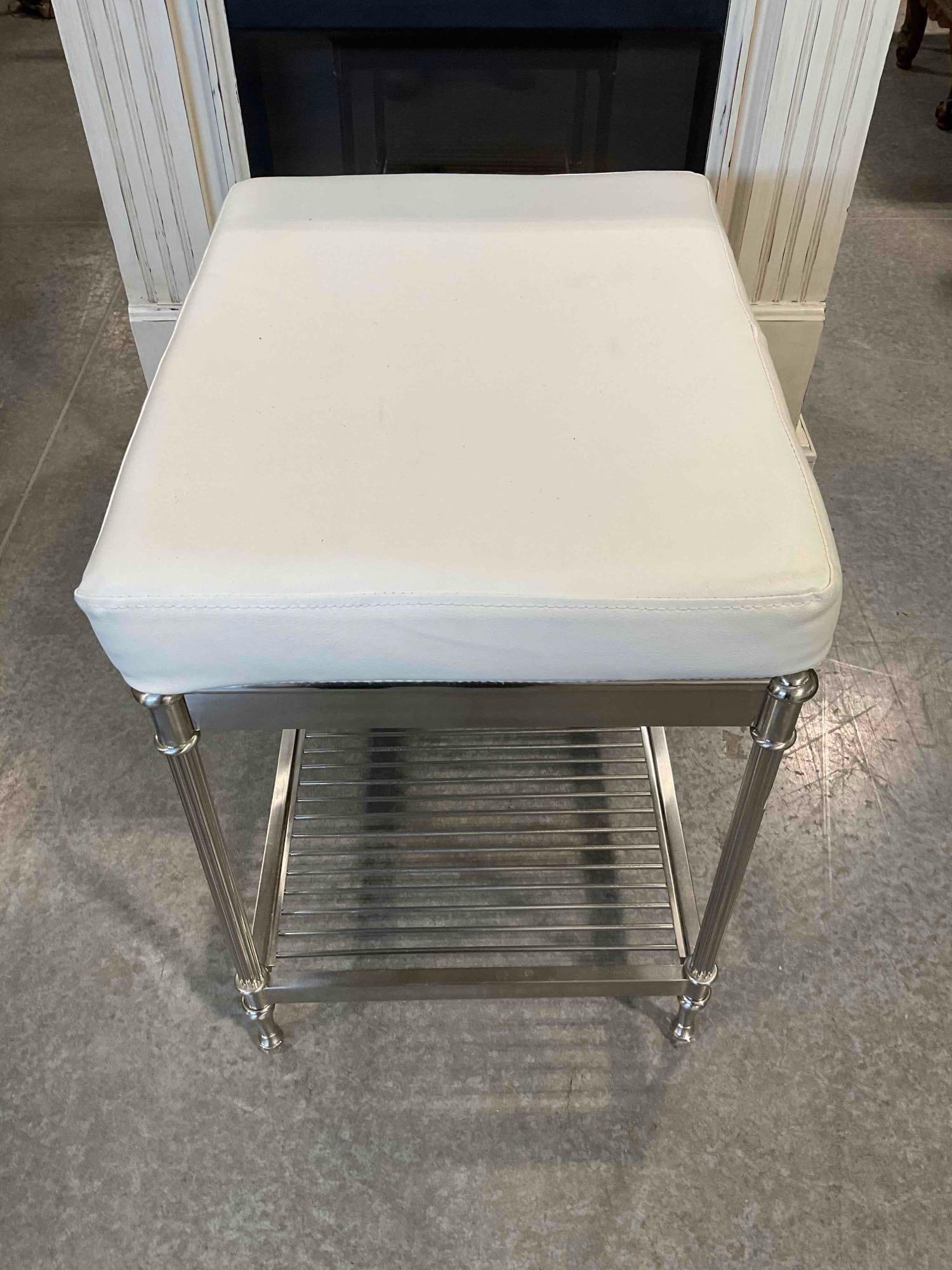 Modern Metal Bench w/ Storage Shelf & White Vinyl Upholstered Cushion. Fair Condition. See pics. - 4