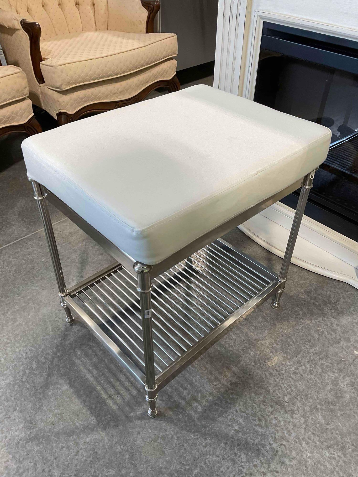 Modern Metal Bench w/ Storage Shelf & White Vinyl Upholstered Cushion. Fair Condition. See pics. - 5